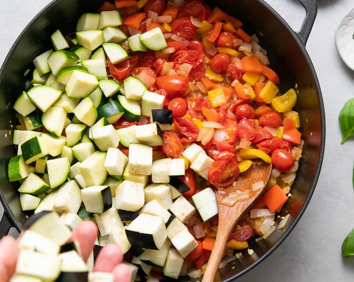 step 8 Add in Eggplant, Zucchini, Herbes de Provence or thyme, spices and season with Mineral Salt (to taste), and fresh pepper.