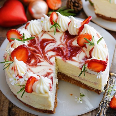 Strawberry Swirl Vanilla Eggless Cheesecake Recipe | SideChef