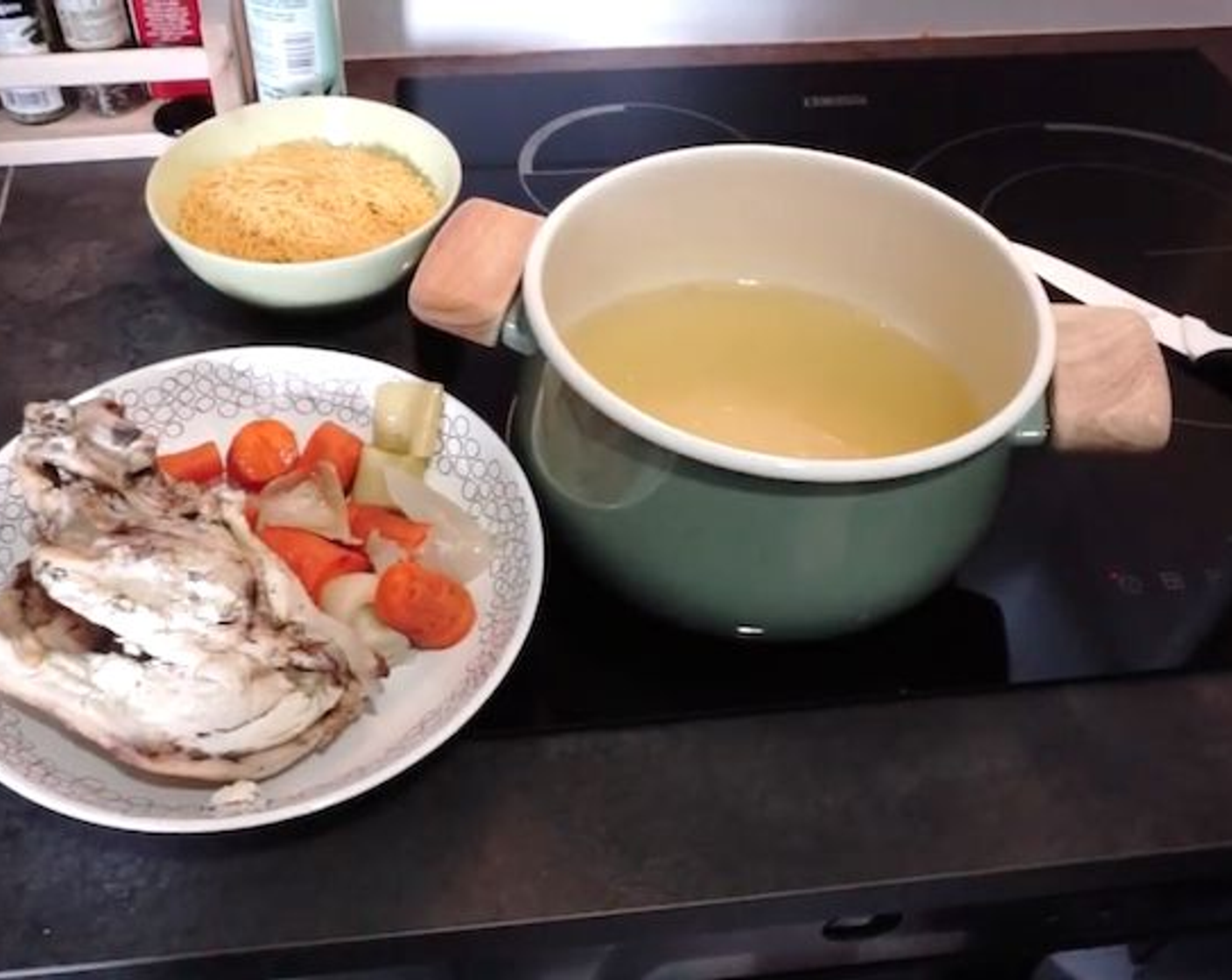 step 7 Then, strain the stock with the colander or strainer. Add the meat is left on the carcasses and the vegetables back to the stock.