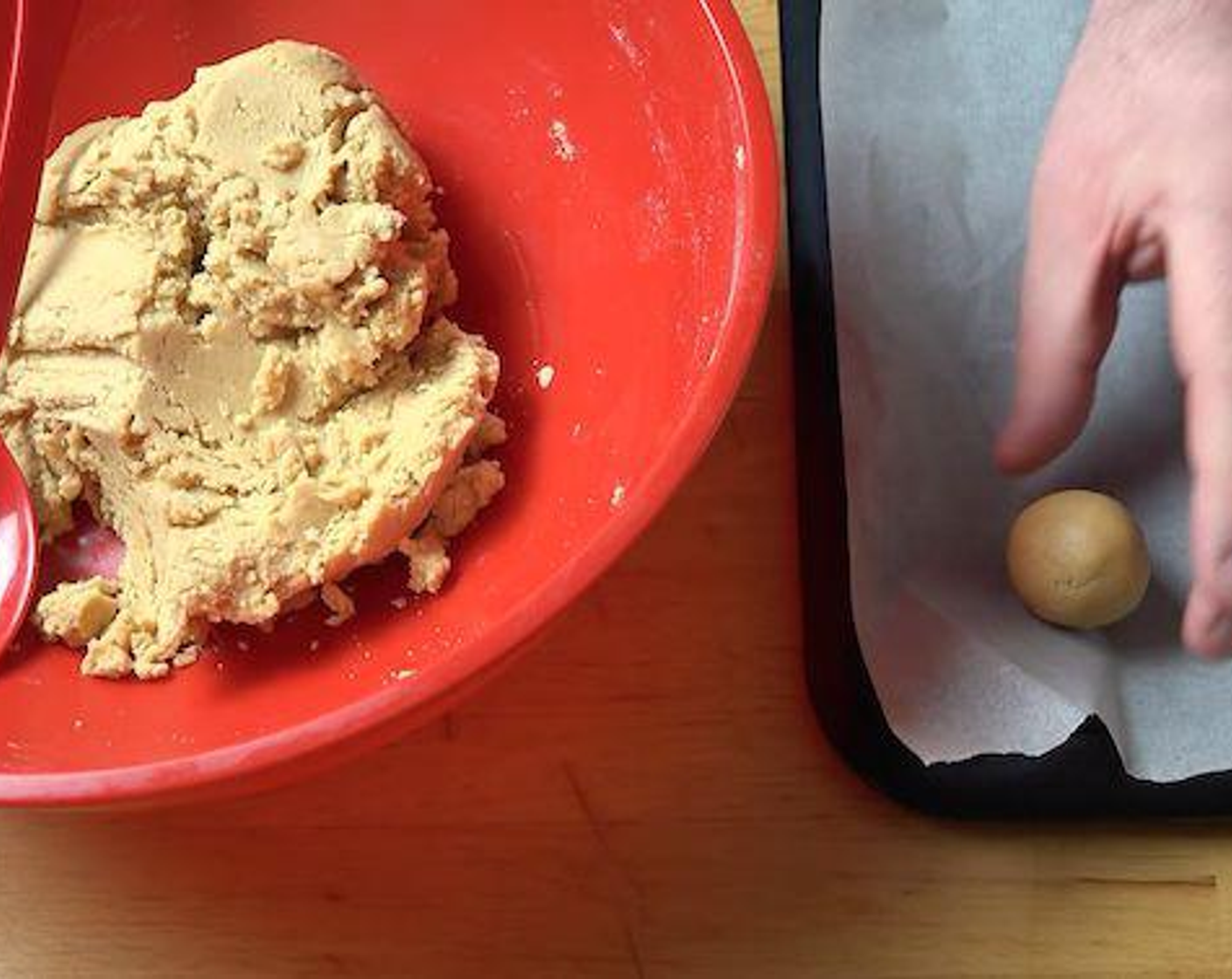 step 5 Once dough is chilled grab tablespoons of the mixture and roll into small balls then place on baking tray lined with non-stick baking paper.