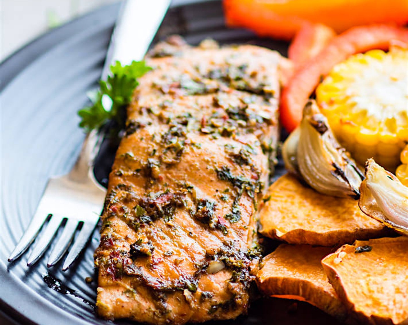 step 10 Place back in oven for 10-12 minutes or until salmon is cooked through. Remove from oven and squeeze Lemon Juice (to taste) on top over sheet pan but mostly on salmon. Garnish with Fresh Thyme (to taste) and enjoy!