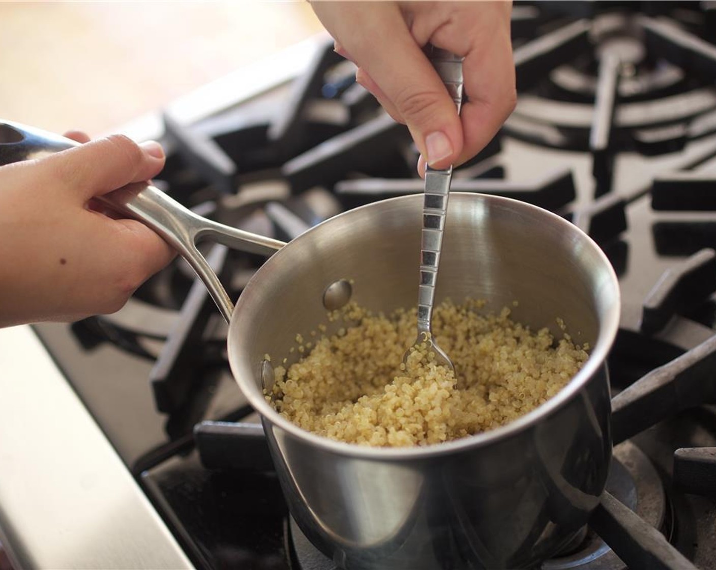 step 1 Combine the Quinoa (2/3 cup) with one cup of water and Salt (1/4 tsp) in a small saucepan over high heat. Bring to a boil. Reduce heat to a simmer, cover, and cook for 20 minutes.