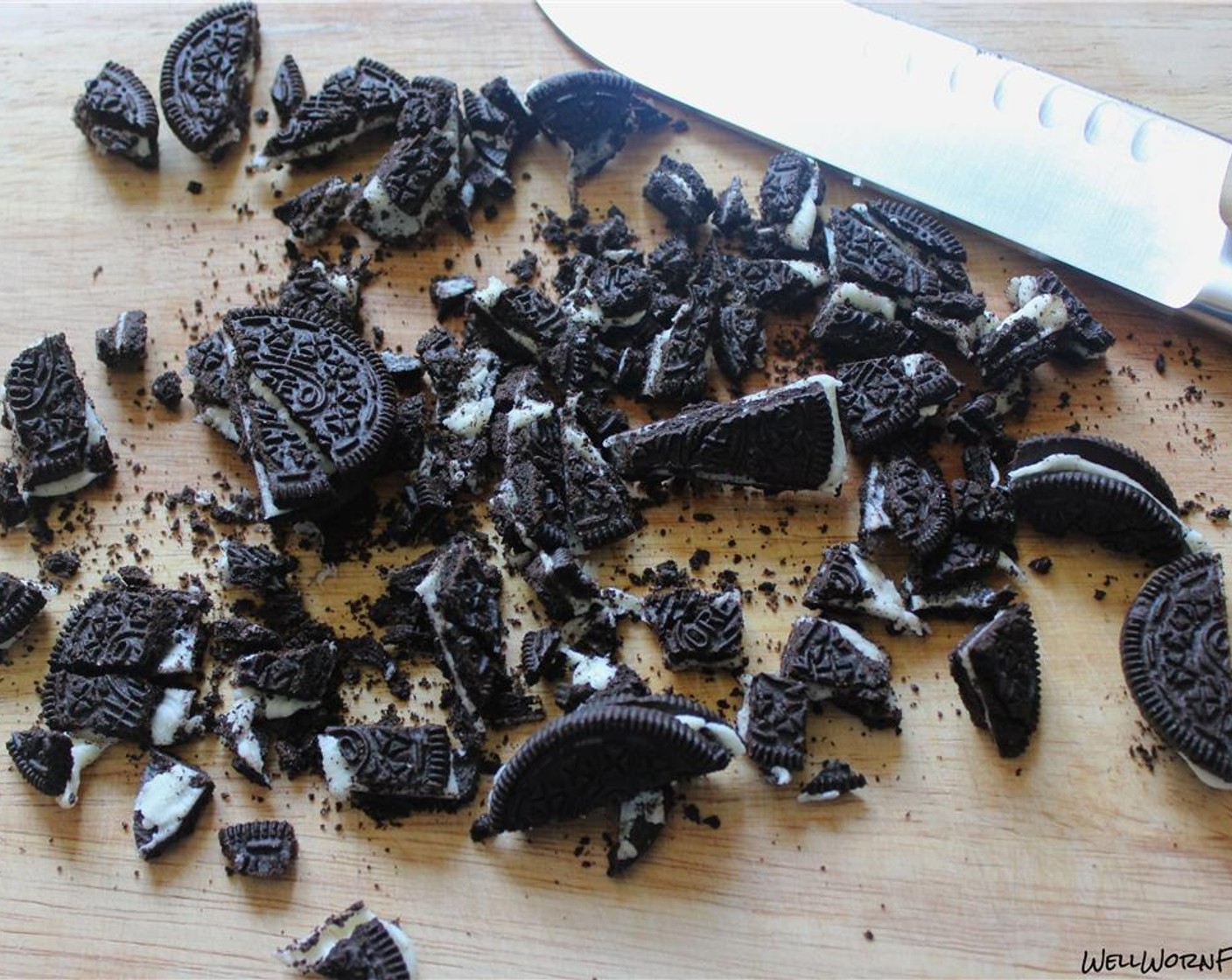 step 1 For salted Oreo Popcorn, begin by melting the Semi-Sweet Chocolate Chips (2 1/2 Tbsp) and chopping the Oreo® Chocolate Sandwich Cookies (3).