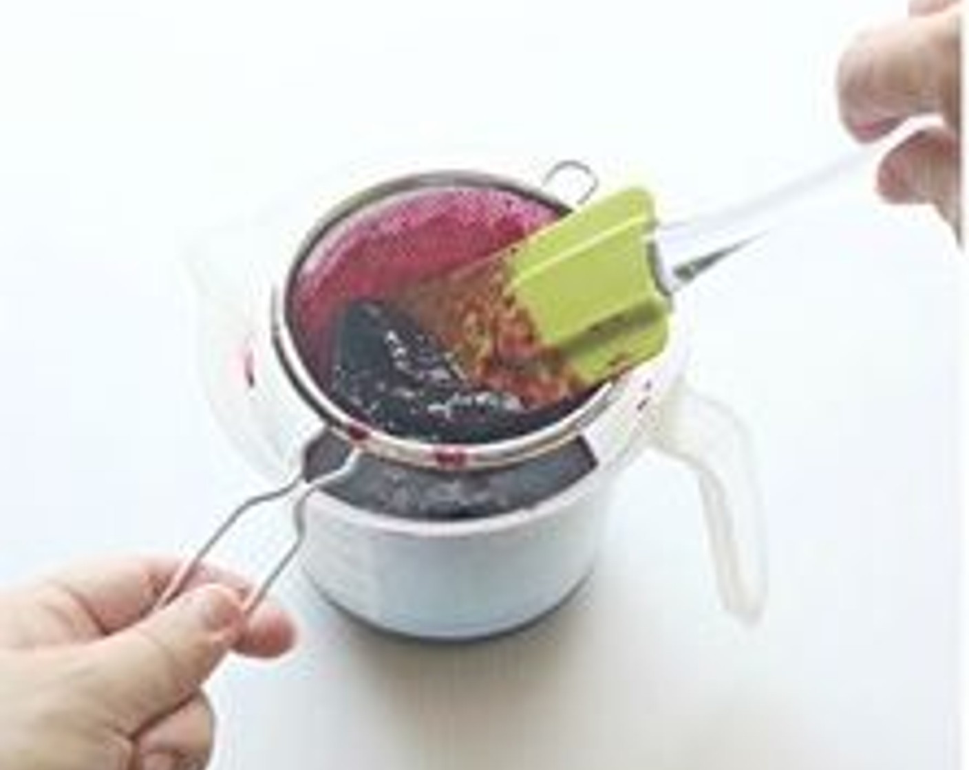 step 12 Mash blueberries with a spatula or spoon. Then press blueberries through a strainer to extract as much liquid as possible. Blueberries liquid should be measure to around 120 gram after strained.