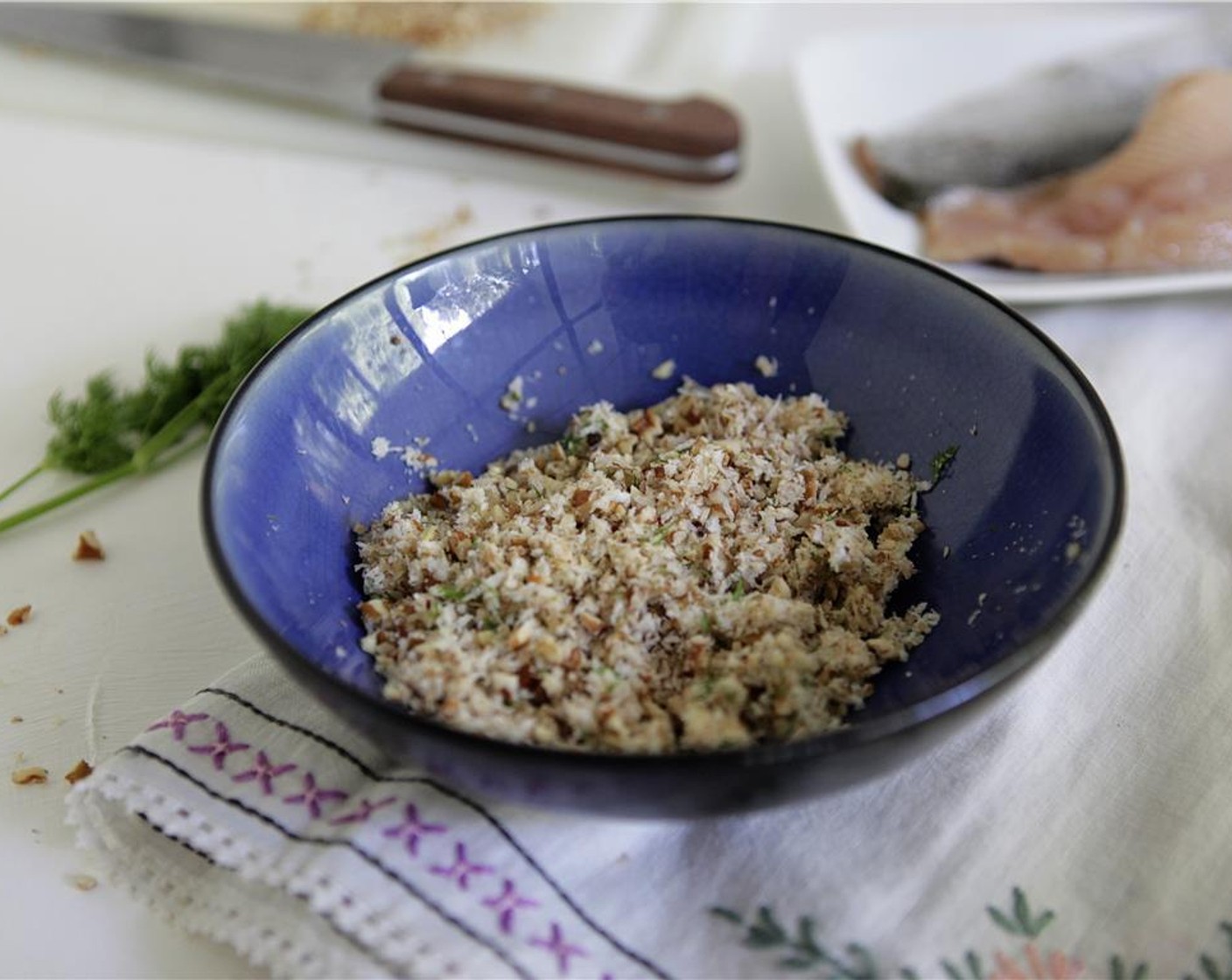 step 11 Place the Pecans (1/4 cup), Panko Breadcrumbs (2 Tbsp), Fresh Dill (1 tsp), Kosher Salt (1 pinch), and Ground Black Pepper (to taste) into a small bowl and stir to combine.