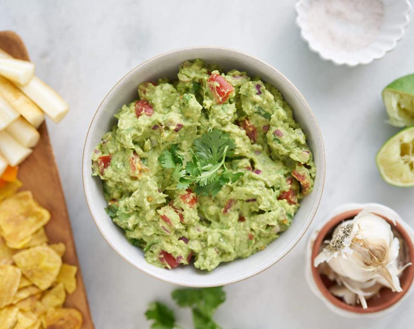 step 2 Mix in Fresh Cilantro (1/4 cup) and Sea Salt (1 pinch) just before serving. Serve with fresh cut up veggies, plantain chips or tortilla chips. Enjoy!