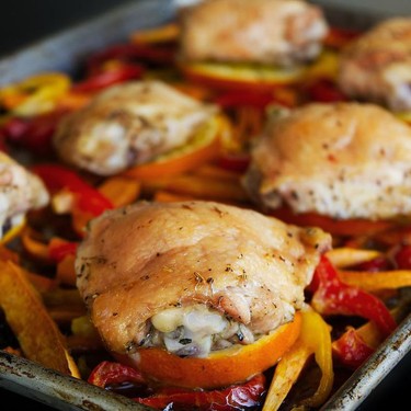 Orange & Bell Pepper Chicken Traybake with Sweet Potatoes Recipe | SideChef