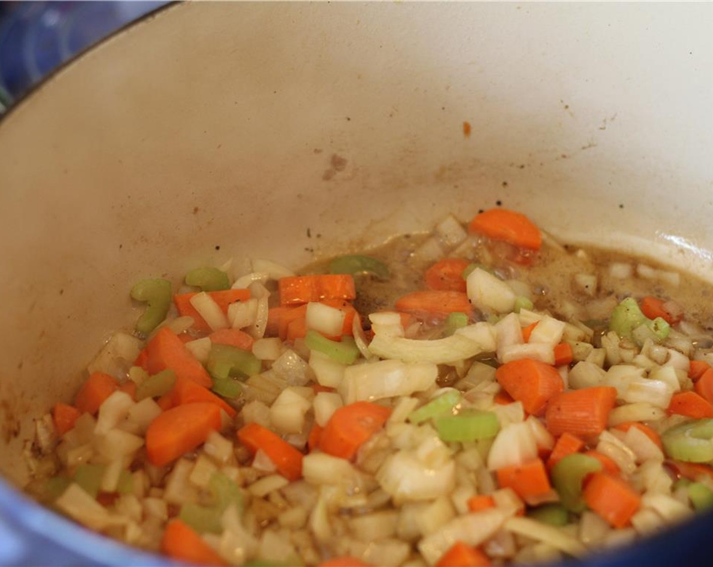 step 9 Add the carrot, celery, onion and garlic to the pot and sauté for 5 minutes. Add the Fresh Thyme (3 sprigs) with 2 minutes remaining.