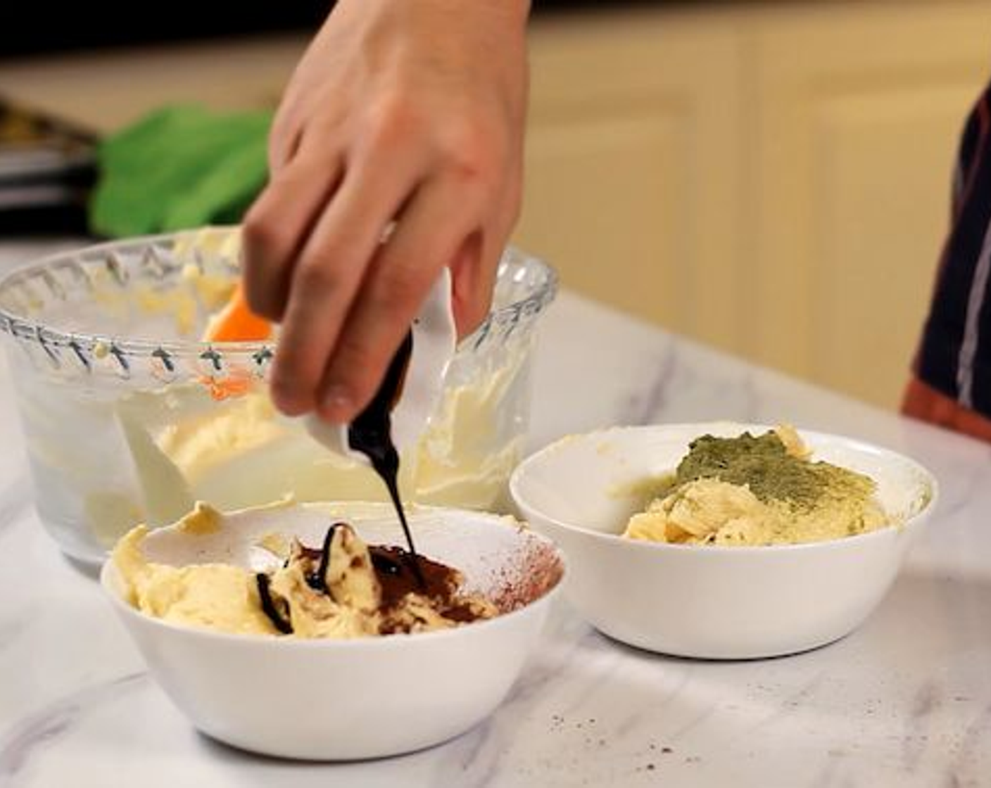 step 5 Divide the dough into 3 and flavor them accordingly, 1/3 of the dough with Matcha Powder (2 tsp) and another 1/3 of the dough with Coffee Emulco (1 tsp) and Unsweetened Cocoa Powder (1 tsp).
