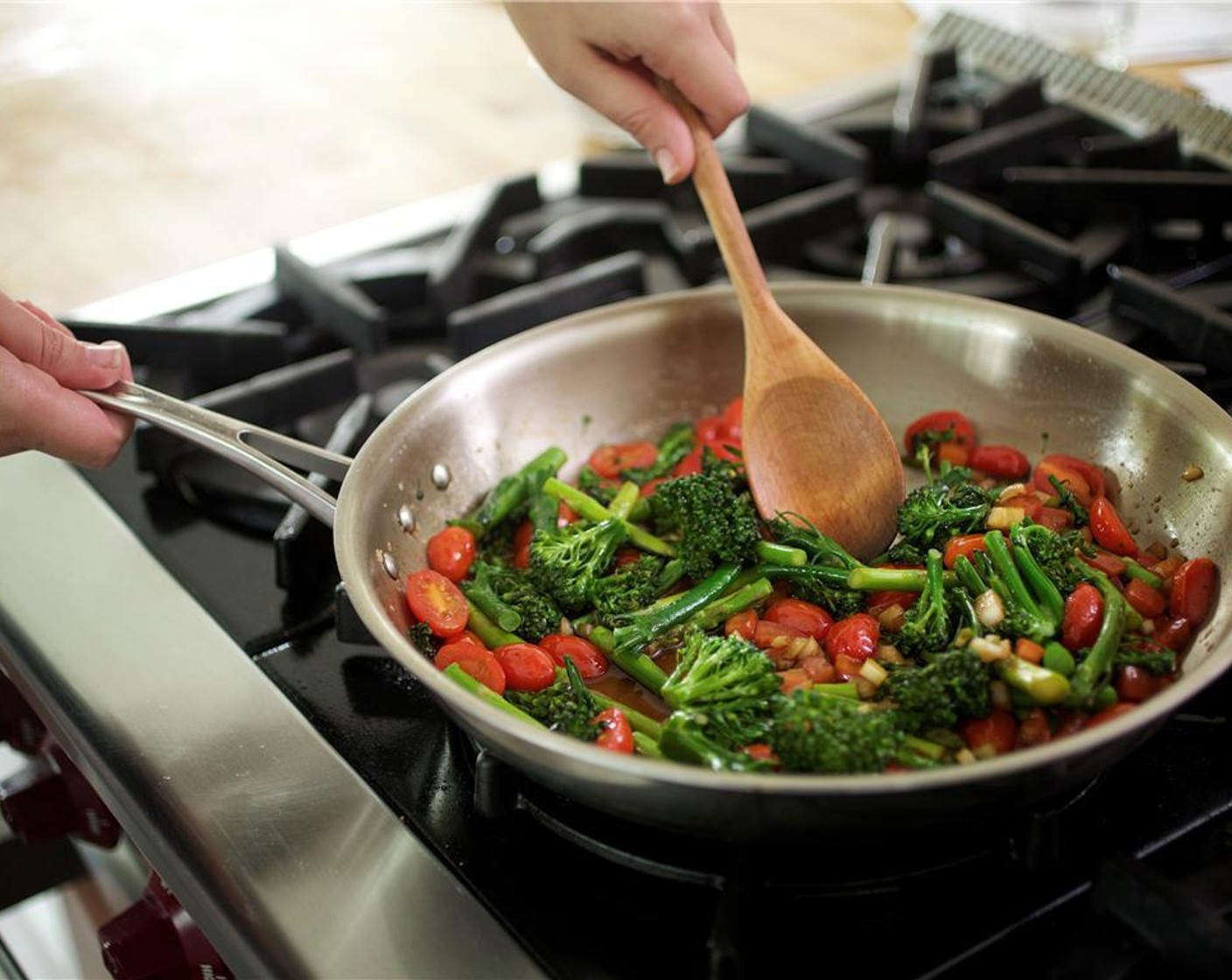 step 8 Gently squeeze the cherry tomatoes juices into the pan and add the tomatoes. Season with two teaspoons of finadene sauce and Salt (1/4 tsp). Cook for one minute, scraping up all the yummy bits left in the pan.