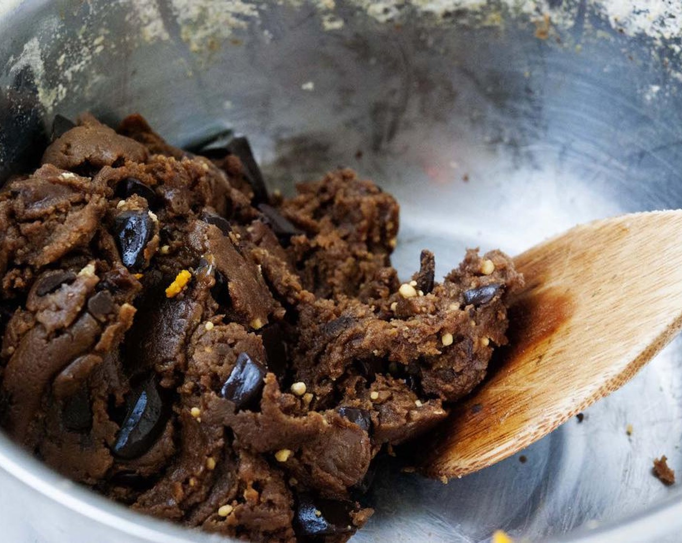 step 4 In a separate bowl, whisk together chickpea flour, Baking Soda (3/4 tsp), and Salt (1/2 tsp). Add dry ingredients to wet ingredients until well combined. Fold in Dark Chocolate (1/2 cup).