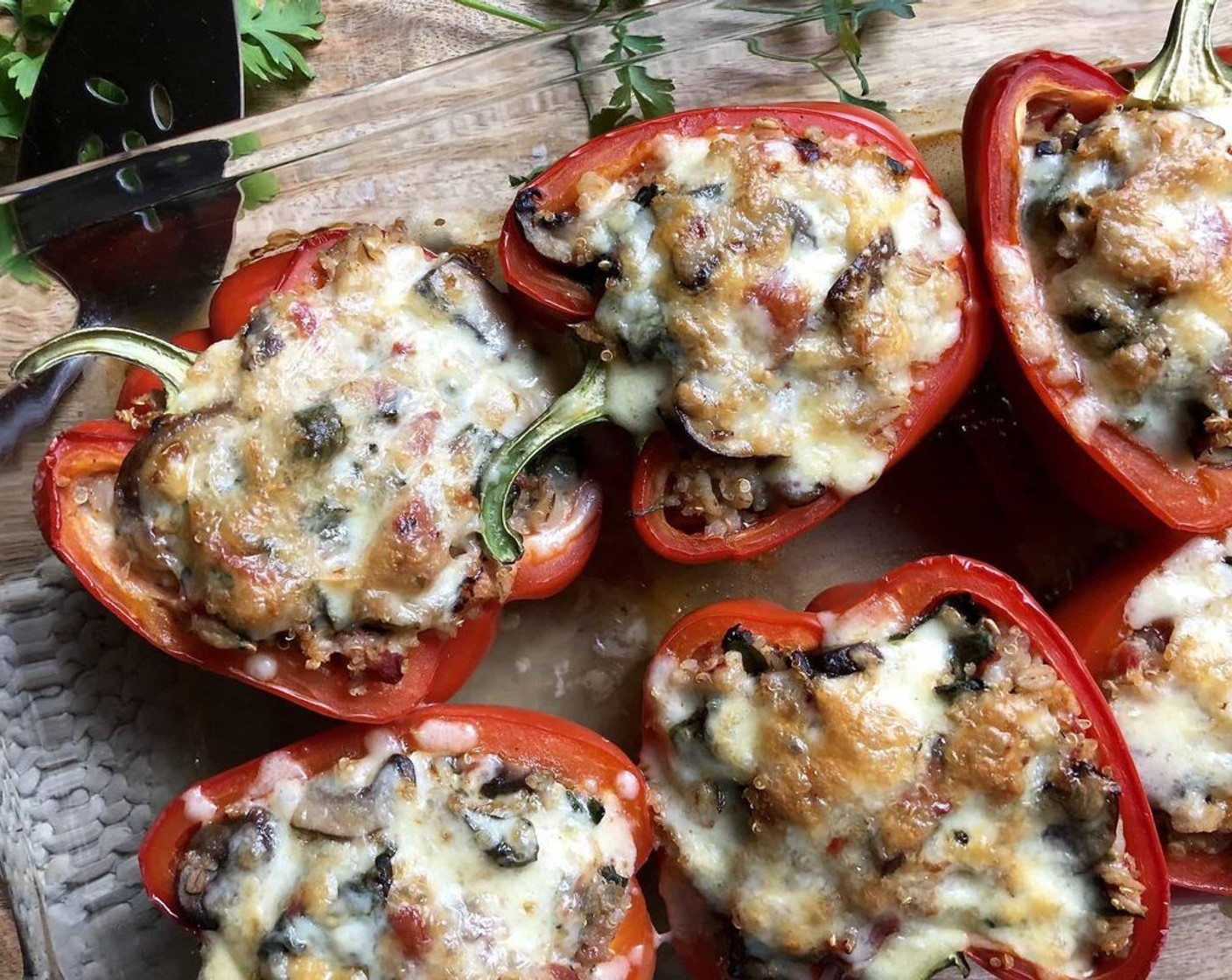 step 9 Bake covered for 30 minutes. Uncover; top stuffed peppers with remaining cheese. Bake uncovered about 10 more minutes or until peppers are crisp-tender and cheese is browned.