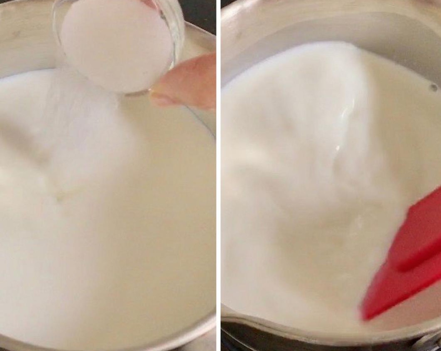 step 4 Next, place Milk (1 cup) and Granulated Sugar (2 tsp)  into a saucepan and heat over low flame. Stir to make sure sugar is dissolved. Heat till just smokey and remove from heat.