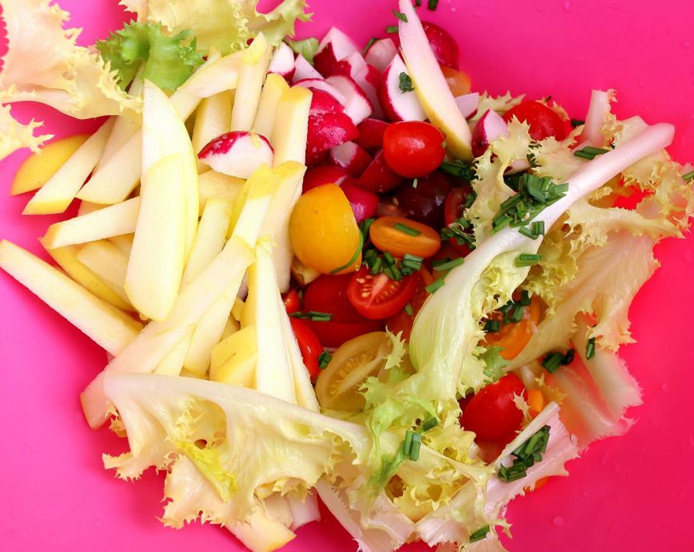 step 3 Add together the Endive (1/2) and Rainbow Grape Tomatoes (10), then the radishes and apples. Toss all with Fresh Chives (1 Tbsp) and Italian Vinaigrette (1/4 cup).