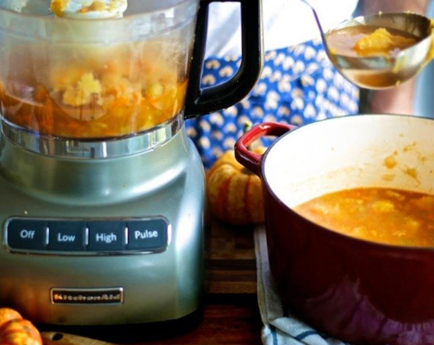 step 11 Working in batches, so as not to overflow, transfer everything to a food processor or blender and puree until the soup is creamy and smooth. Once the desired consistency is reached, return the puréed soup to the pot.