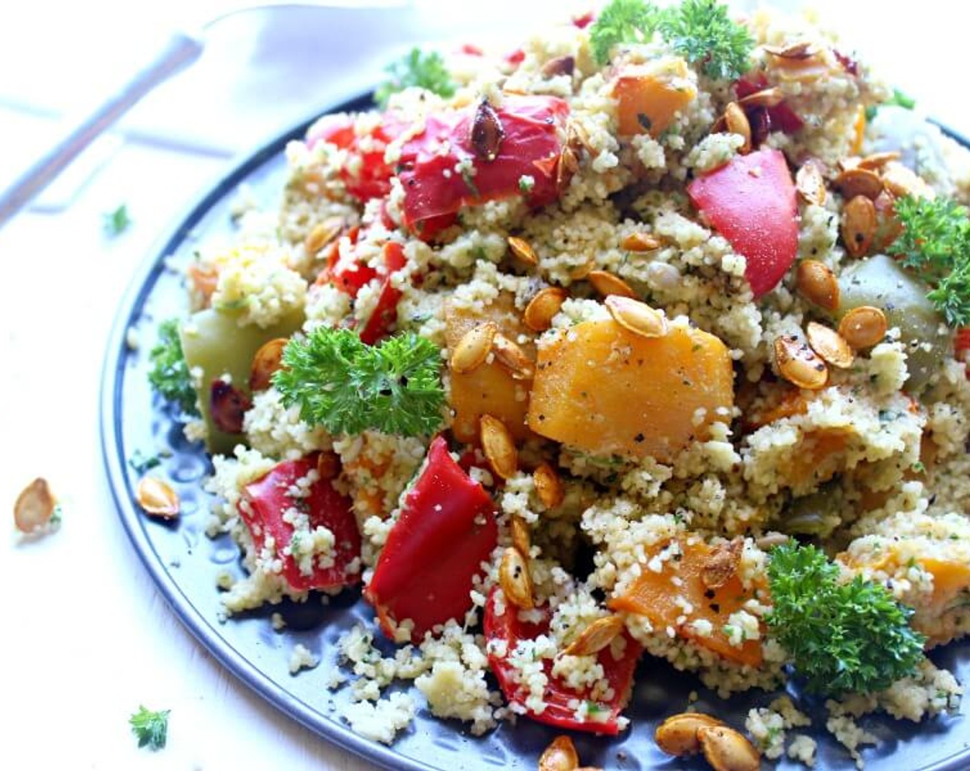 Roasted Butternut Cous Cous Salad with Pesto Dressing