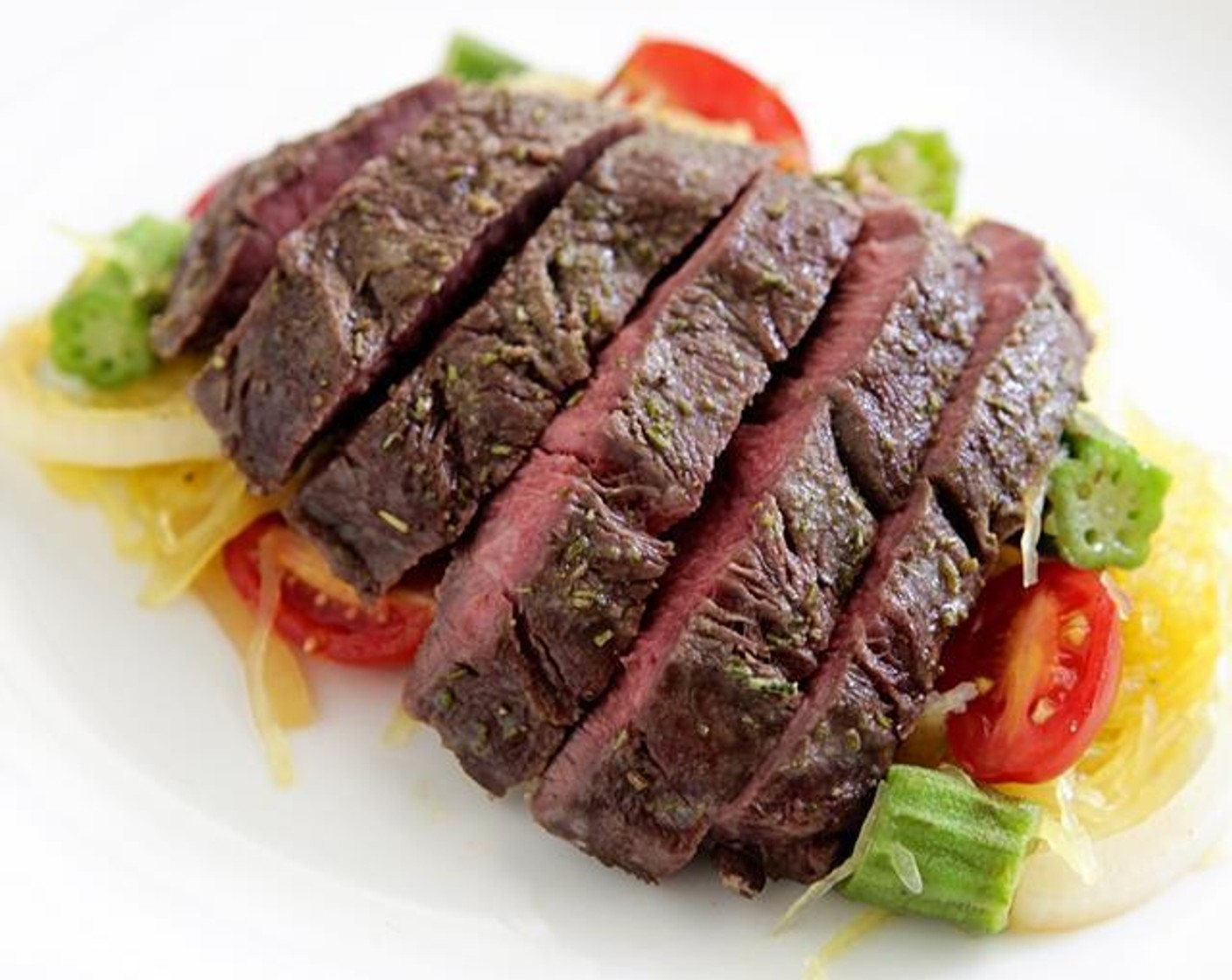 Hanger Steak with Spaghetti Squash & Okra Saute