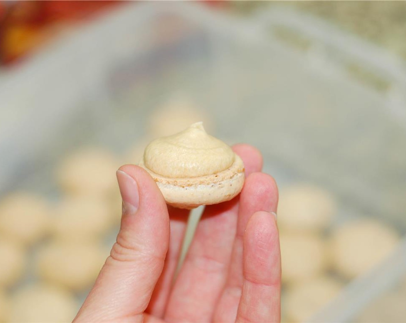 step 16 Place filling in a piping bag with round tip. Pipe filling onto one macaron and then sandwich it together with another one. Repeat for remaining macarons.