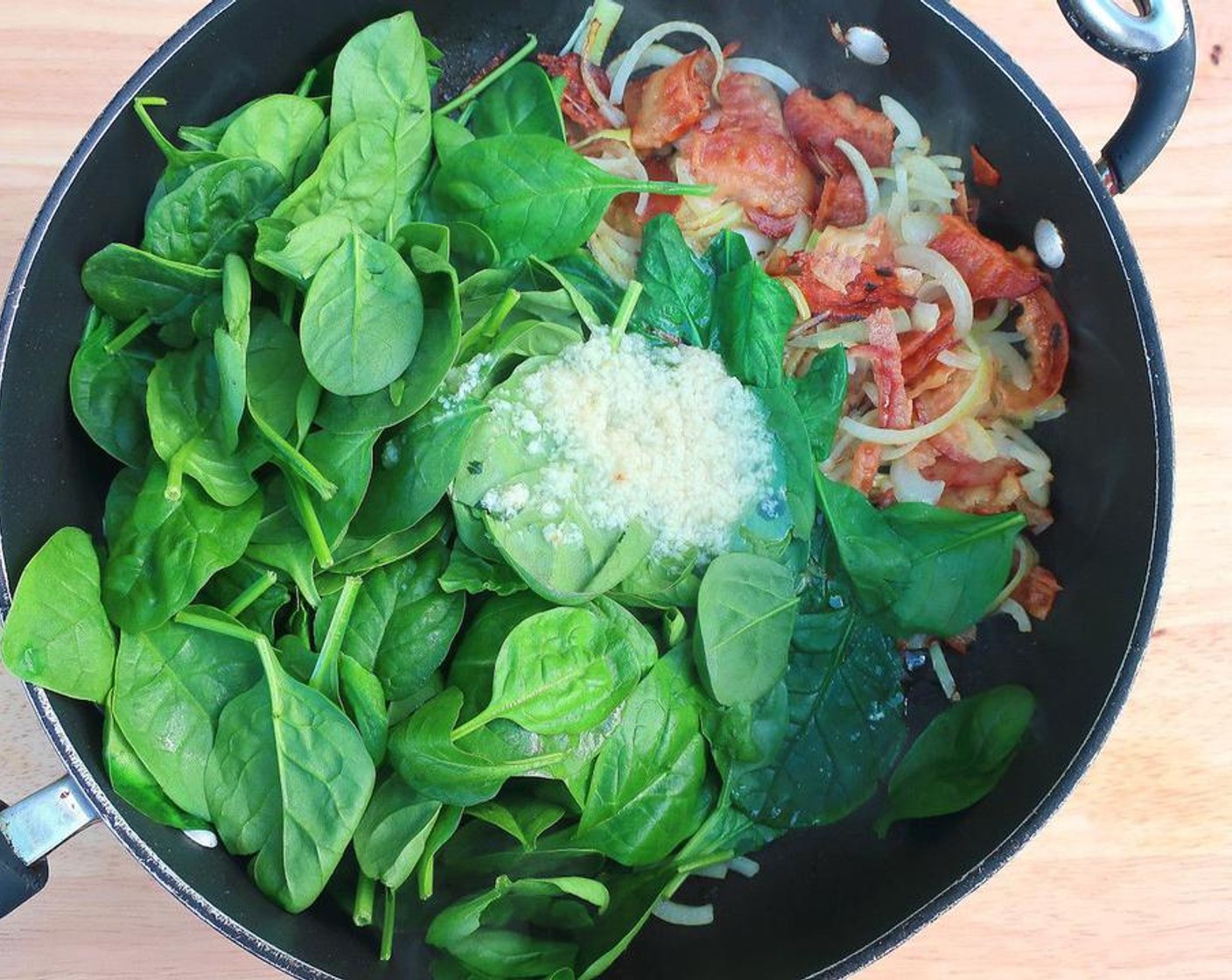 step 2 Add Fresh Spinach (2 bags), Garlic Paste (1 tsp), Ground Nutmeg (1 pinch), Kosher Salt (to taste) and Cayenne Pepper (to taste). Saute until spinach wilts, about 1 minute, remove from heat, check/adjust seasoning.