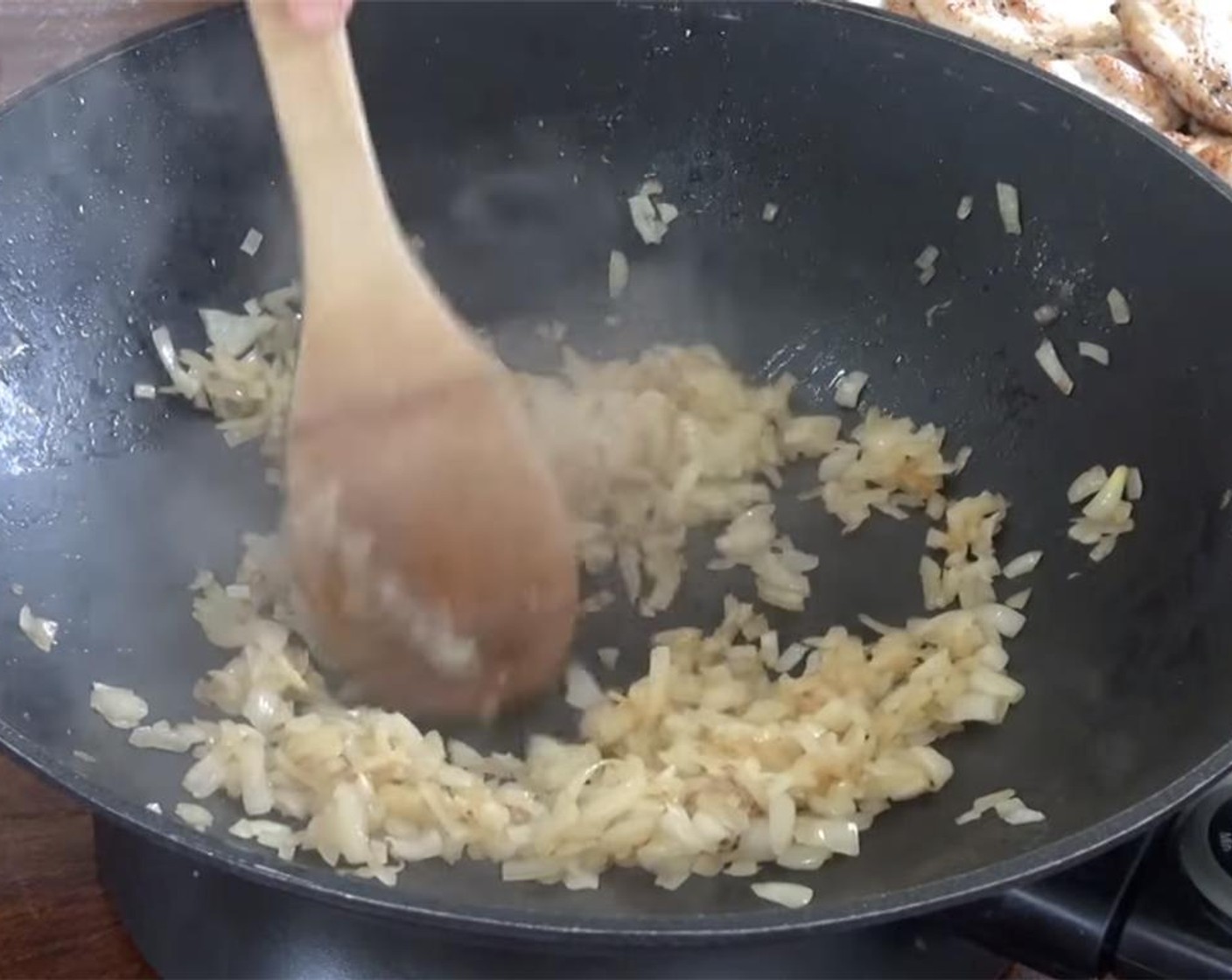 step 4 Add the Onion (1) to the skillet. Cook for about 5 minutes until it is softened and translucent.