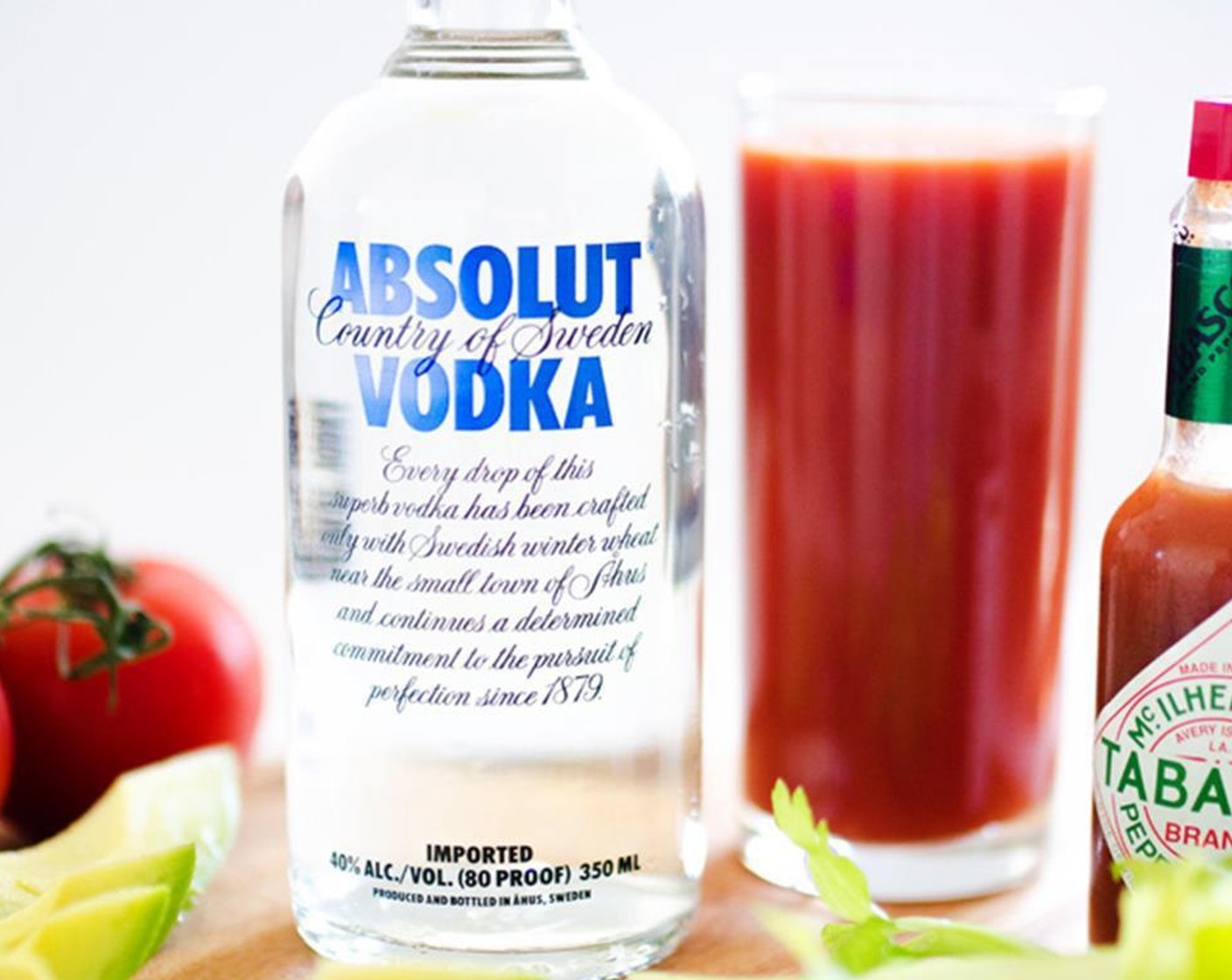 step 1 Add Absolut® Vodka (1/4 cup), Tomato Juice (1/2 cup), Tabasco® Original Red Pepper Sauce (1/2 tsp), Worcestershire Sauce (1/2 tsp), Salt (1 pinch), Ground Black Pepper (1 pinch), Paprika (1 pinch), Lemon (1/4), and Ice (to taste) into a shaker. Shake well.