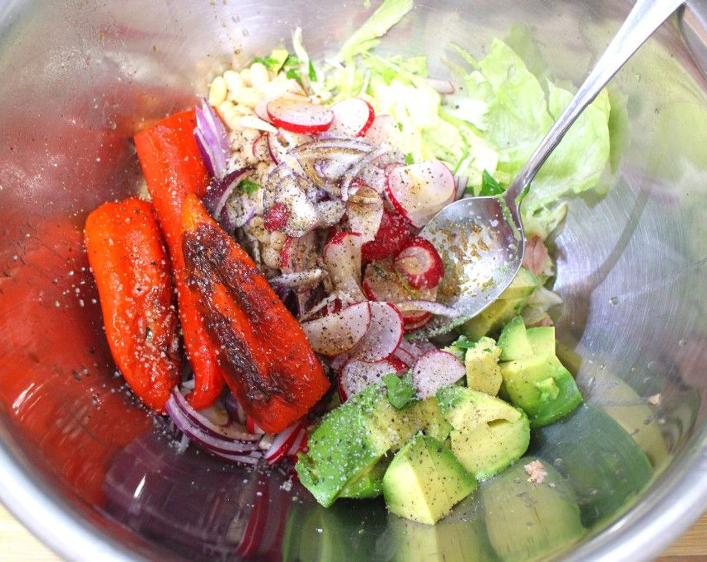 step 3 Mix in the browned peppers with the rest of the salad and Herb Vinaigrette (1/3 cup).