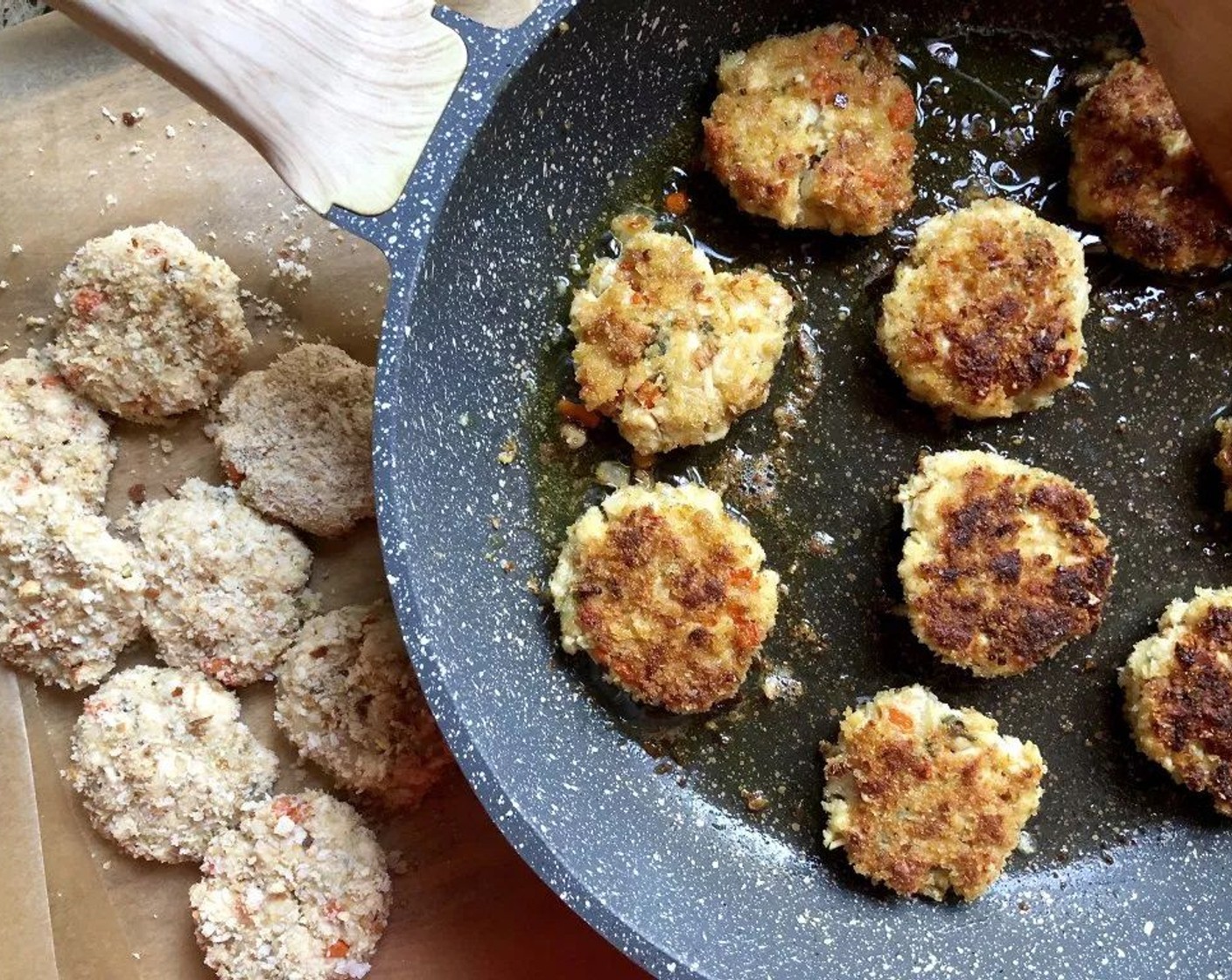step 11 Heat Olive Oil (3 Tbsp) in a nonstick skillet over medium heat. Add half of the patties to the pan; cook 3 minutes on each side or until golden brown. Remove croquettes from the pan; keep warm. Repeat procedure with the remaining patties, adding more oil if necessary.