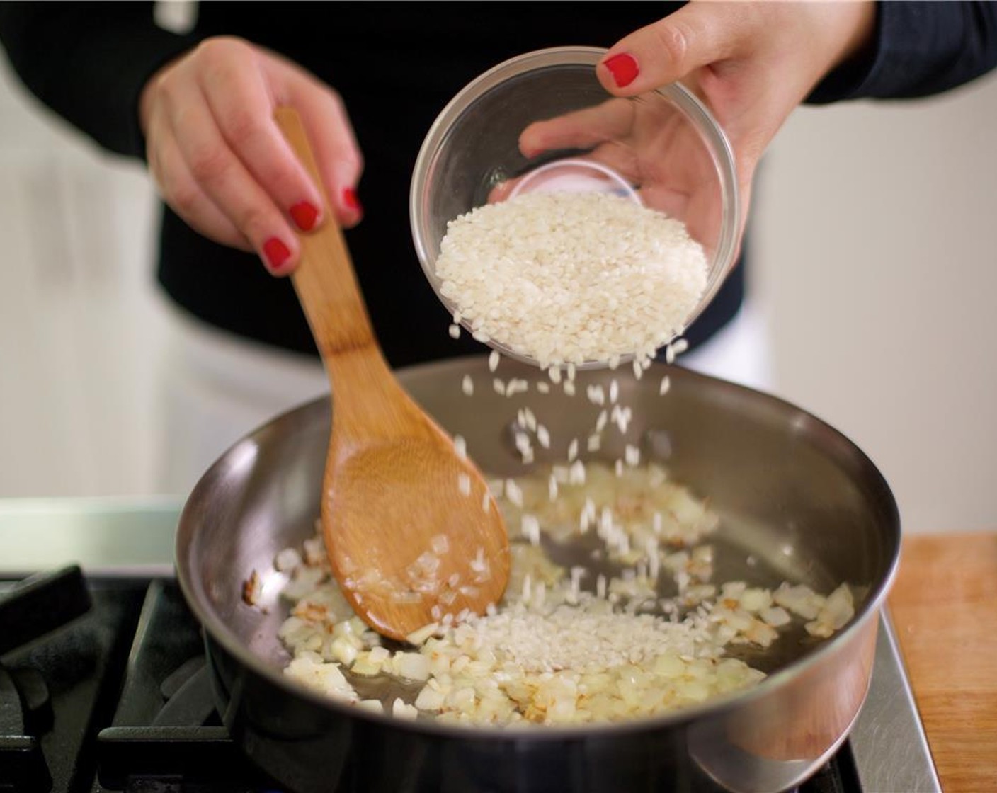 step 7 Add the Arborio Rice (1 cup) to the pan and cook while stirring to combine, about 1 minute.