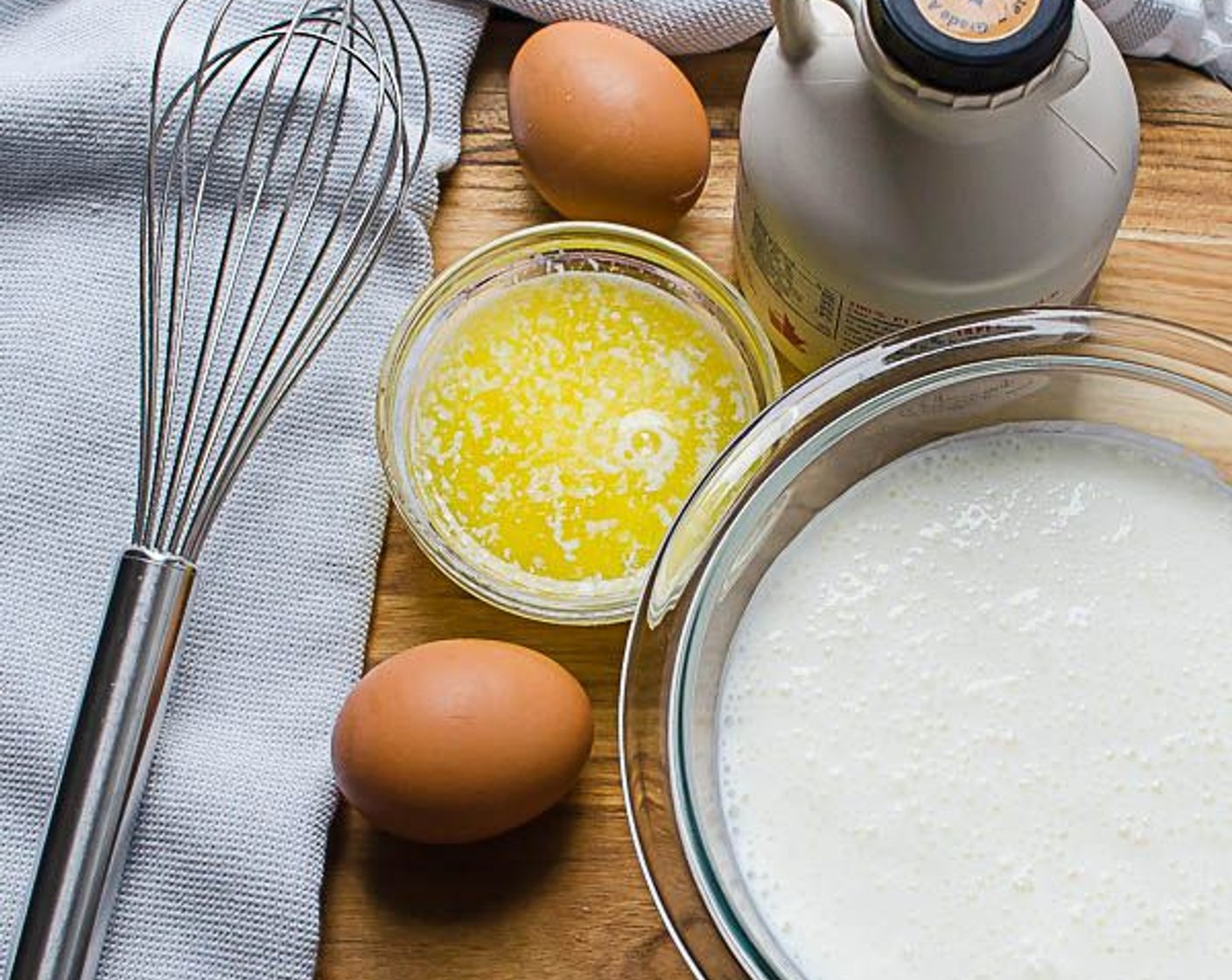 step 10 In a smaller bowl add Buttermilk (2 cups), Eggs (2), Butter (1/4 cup), Maple Syrup (1/4 cup). Whisk thoroughly to combine.