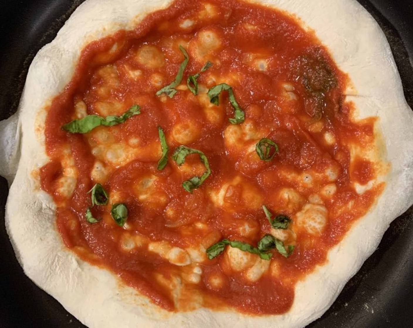 step 11 Meanwhile bring a large skillet on the stove, high heat, when hot transfer the disc of dough, quickly spread Tomato Sauce (3/4 cup), try to be fast to avoid the center growing high. Add some sliced Fresh Basil (to taste) and cook it on medium-high.