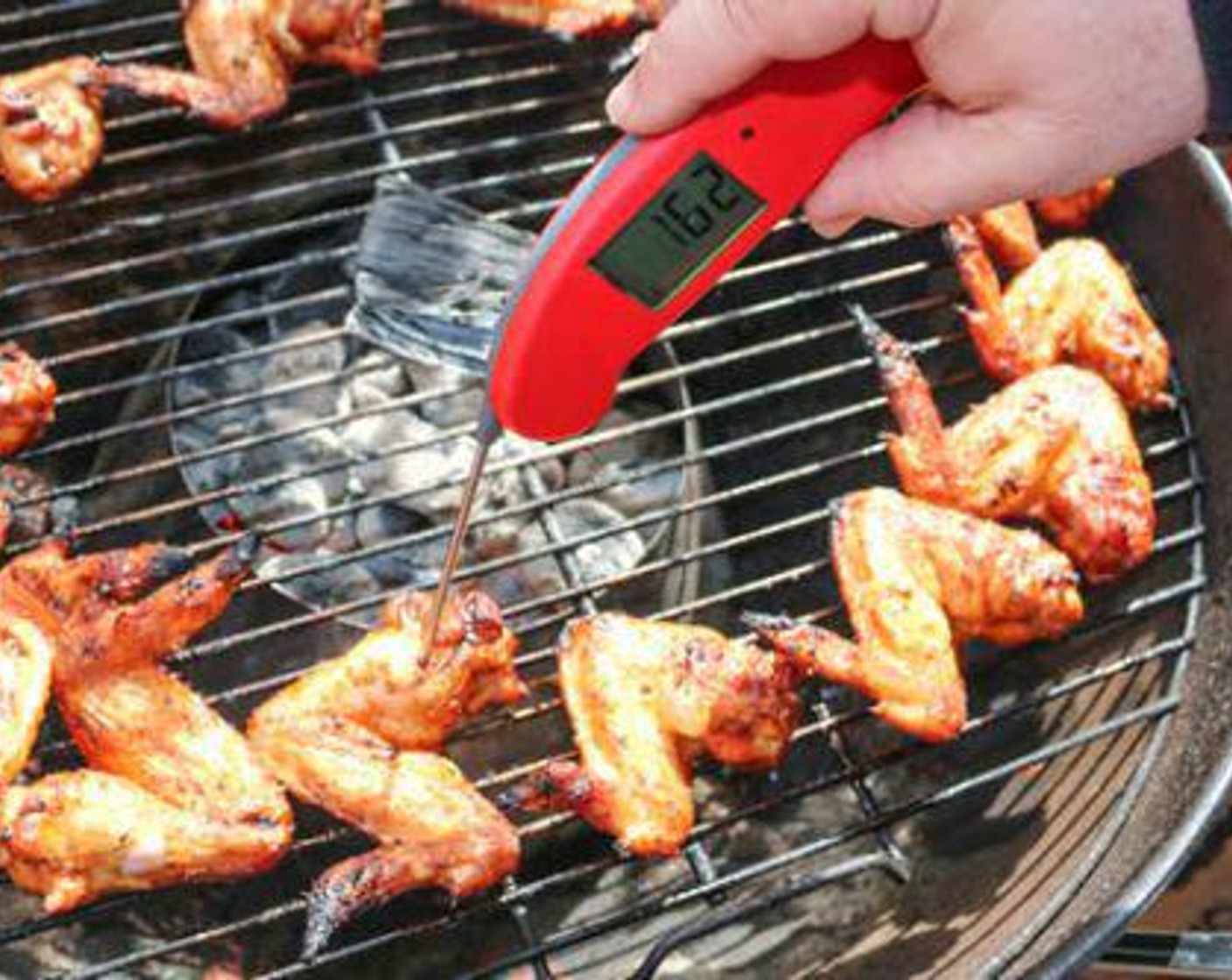 step 5 Wings are done when internal temperature reaches a minimum of 165 degrees F (73 degrees C) on an instant-read thermometer.