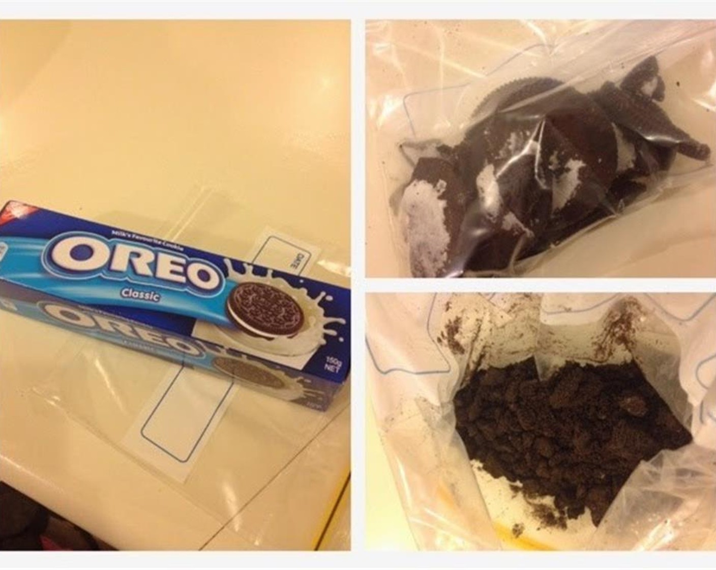 step 13 Meanwhile, scrape the filling out from between the Oreo® Chocolate Sandwich Cookies (1 cup). Put it into a ziploc bag and using a rolling pin to crush the cookies into a crumble.