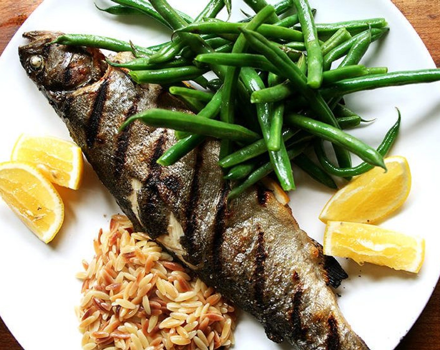 Whole-Grilled Trout with Green Beans and Orzo