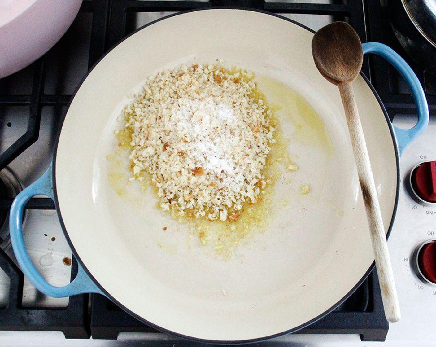 step 2 Heat Extra-Virgin Olive Oil (2 Tbsp) over medium heat. Add the crumbs and the Kosher Salt (1 pinch).