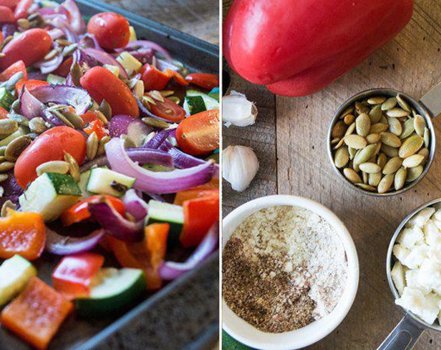 step 5 For the filling, put the Zucchini (2), Red Chili Pepper (1), and Red Onion (1) in a roasting tin and drizzle with the remaining seasoned Olive Oil (1 Tbsp). Sprinkle with Salt (to taste) and Ground Black Pepper (to taste) and place in the oven after about 20 minutes of roasting the squash.