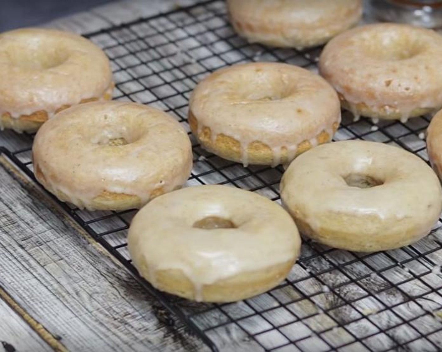 step 3 Allow donuts to cool completely. In the meantime, make the donuts glaze; in a bowl mix Powdered Confectioners Sugar (2 cups) Pumpkin Pie Spice (1/2 tsp) and Apple Cider (1/4 cup). Once donuts are cooled, dip the bottom in the glaze. The glaze hardens as it sets.