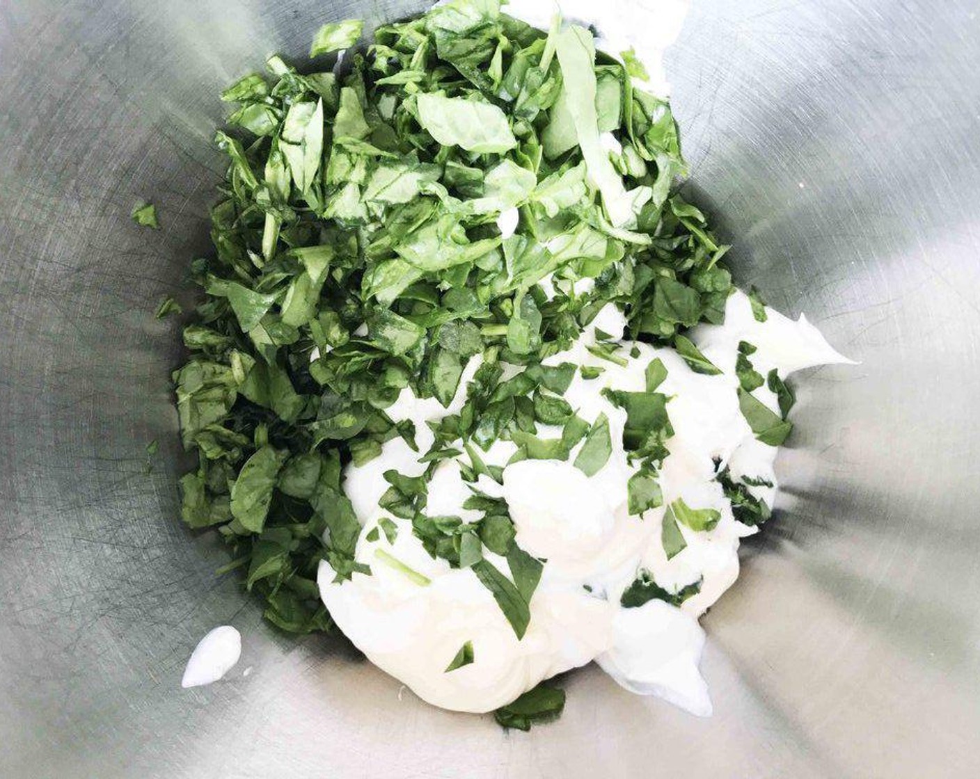 step 1 In a large bowl, mix together Fat-Free Greek Yogurt (1 2/3 cups), Frozen Spinach (2 cups), Light Mayonnaise (1 cup), Fresh Baby Spinach (5 2/3 cups), Onion Powder (1/2 tsp), Garlic Powder (1/2 tsp), Celery Salt (1/2 tsp), Salt (to taste) and Ground Black Pepper (to taste).