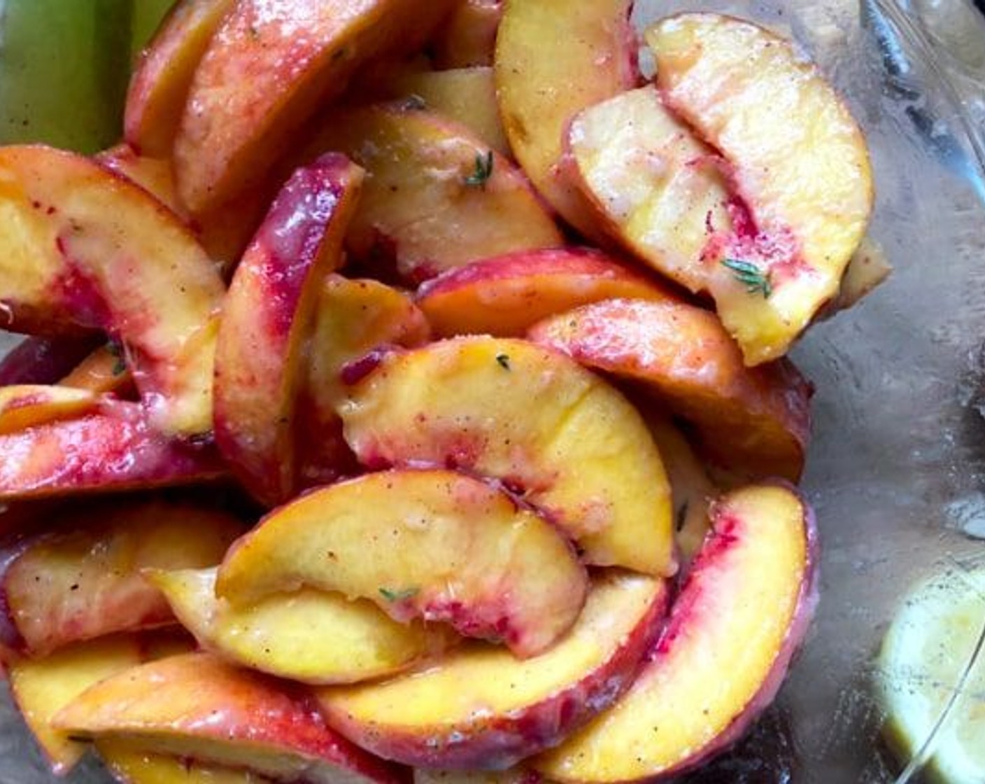 step 8 Sprinkle the sugar mixture, along with the Fresh Thyme (1 tsp), on top of the peaches. Toss again until all of the peaches are coated.