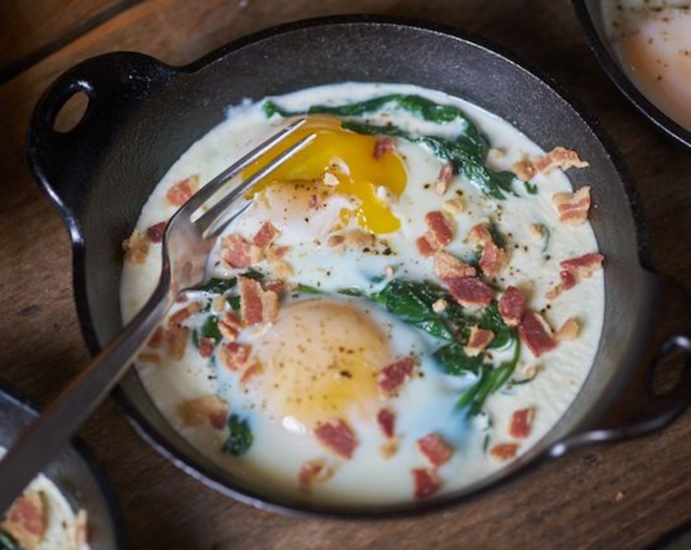 Baked Eggs en Cocotte with Spinach and Bacon