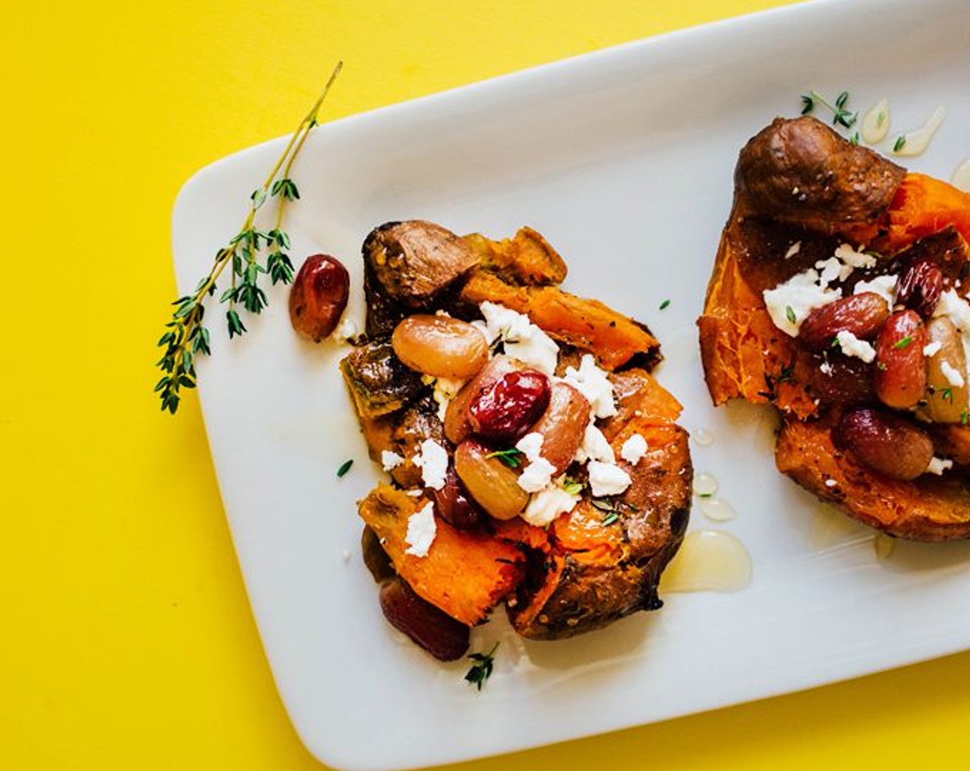 Smashed Sweet Potato with Roasted Grapes