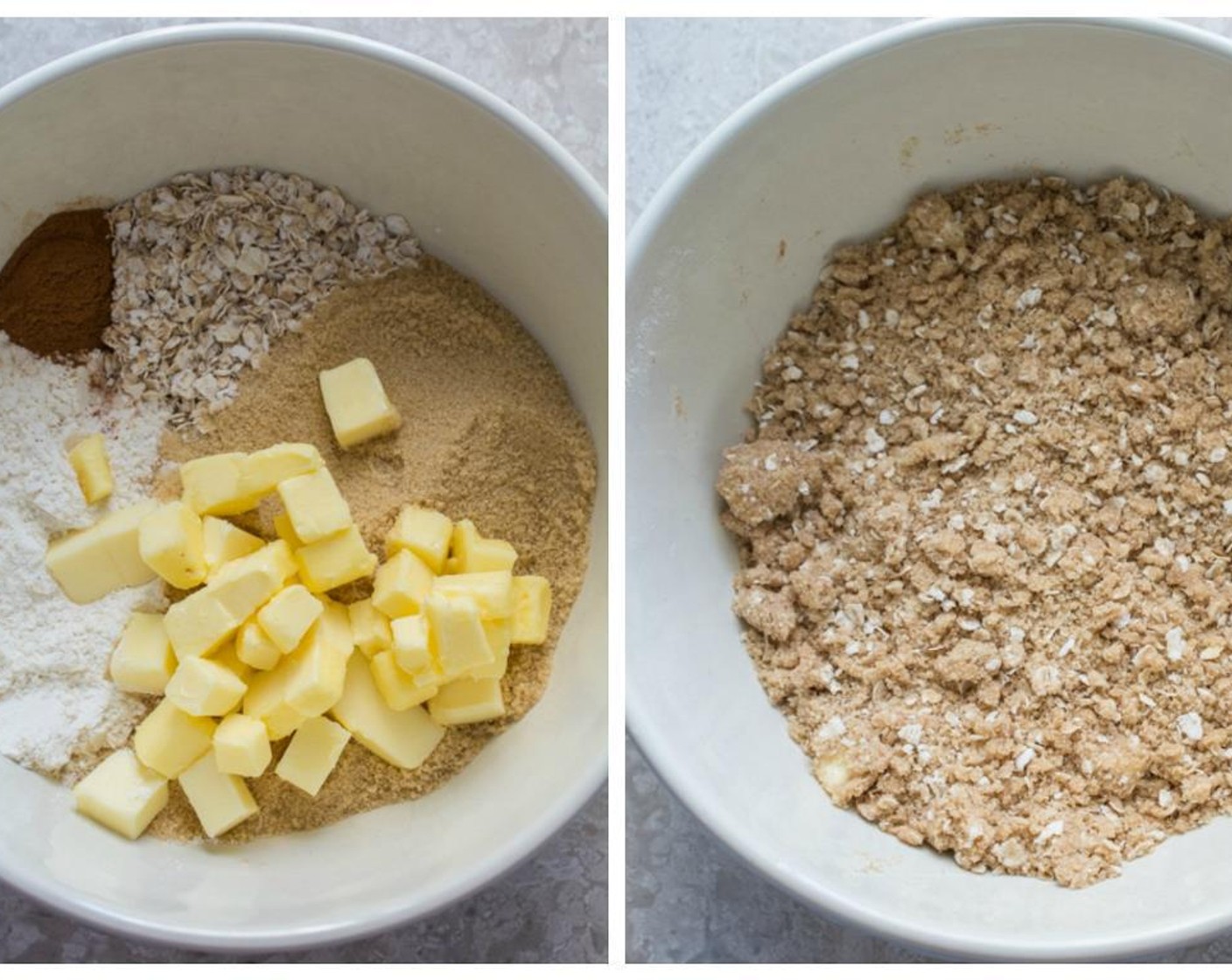 step 3 Add the Butter (3/4 cup) and mix with fingers until the mixture is crumbly. Don't overmix; it's okay to have small chunks of cold butter in this mixture.