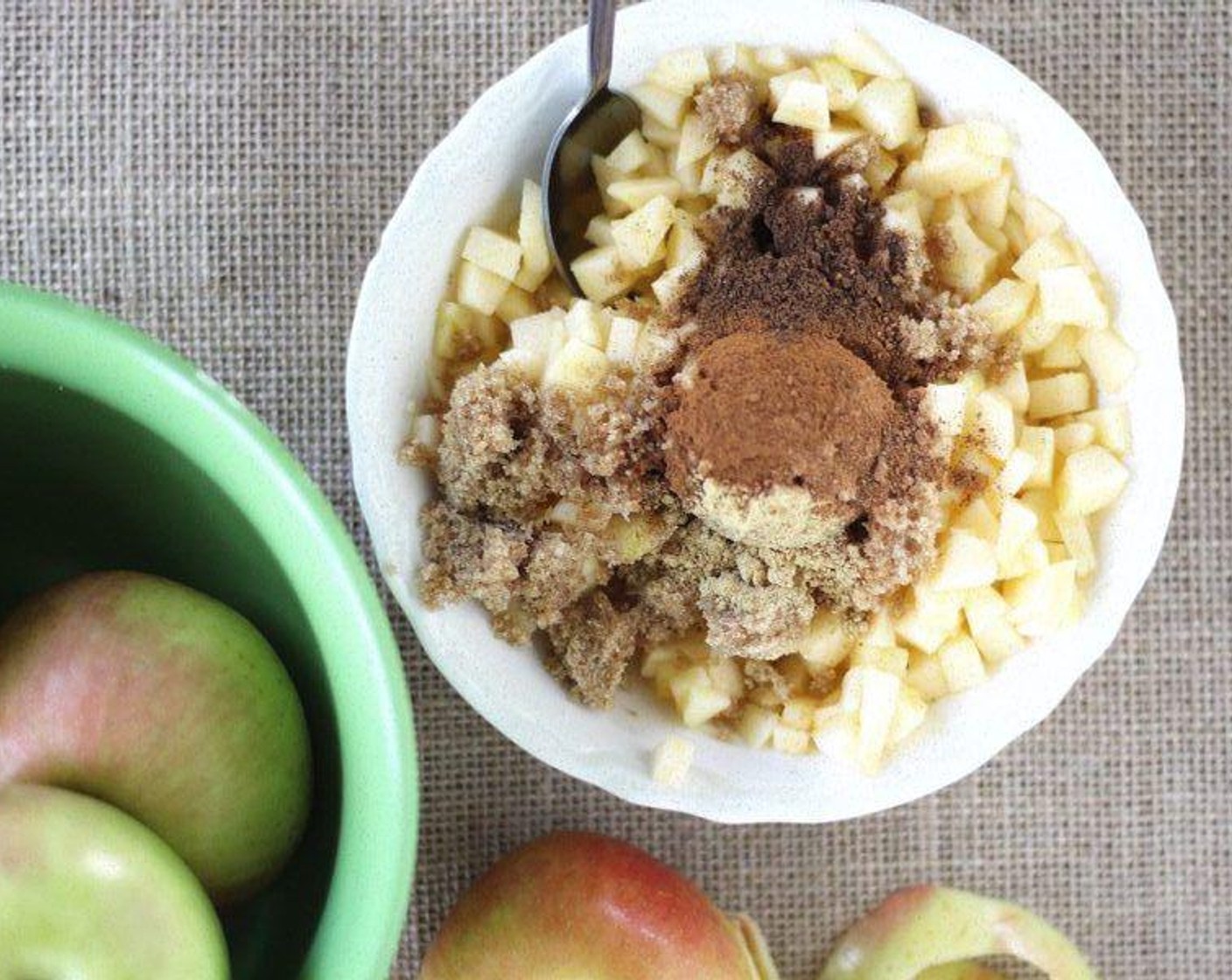 step 1 Combine the Apples (2), Brown Sugar (2 Tbsp), Simply Organic Cinnamon, Ground (1/2 tsp), Ground Ginger (1/4 tsp), Ground Nutmeg (1/4 tsp), Ground Allspice (1/4 tsp) and Salt (1 pinch) in a small bowl. Set aside.