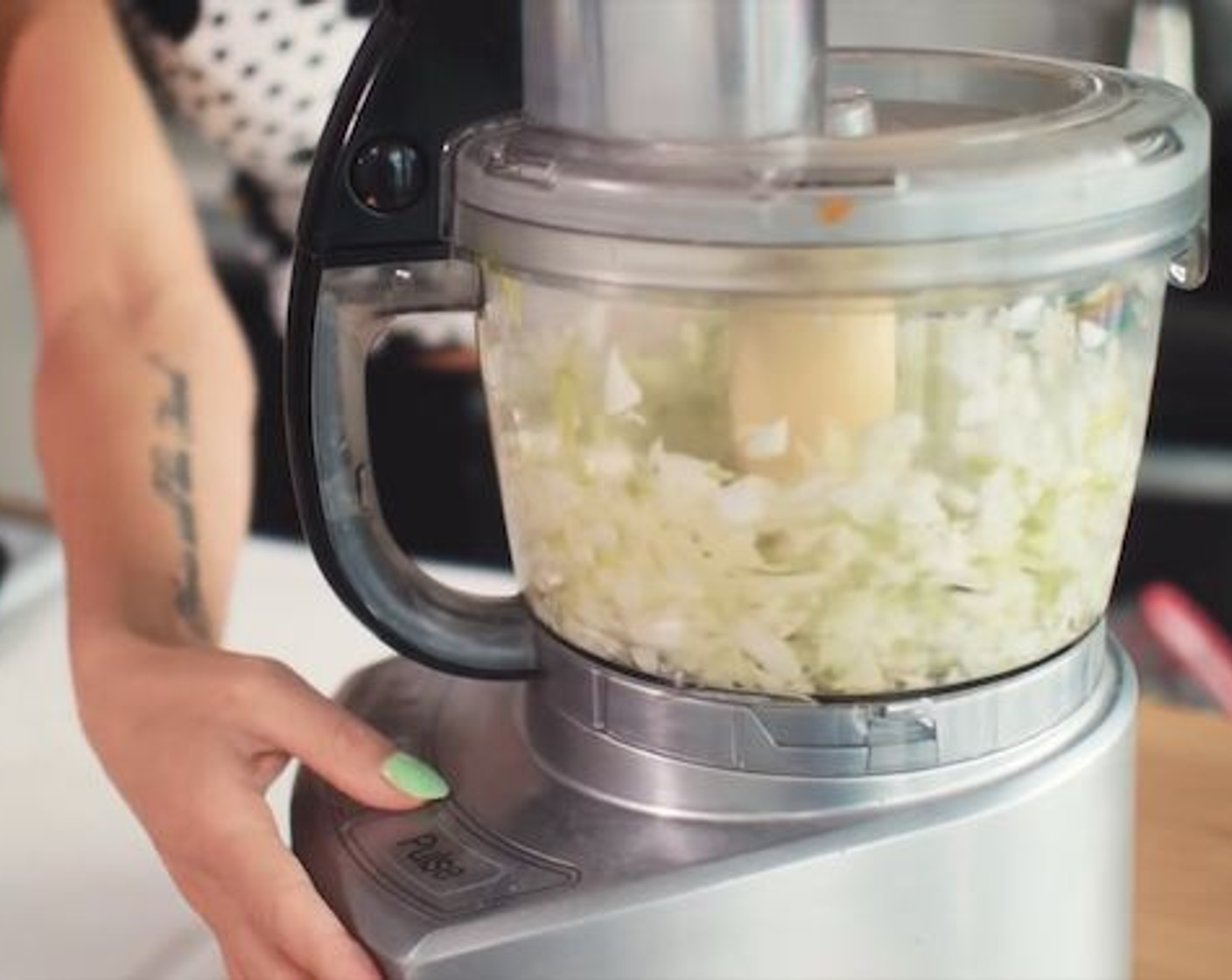 step 1 In a food processor blitz the Celery (1 stalk), Garlic (5 cloves) and Onion (1). Then add the Mushrooms (3 cups) and blitz together.