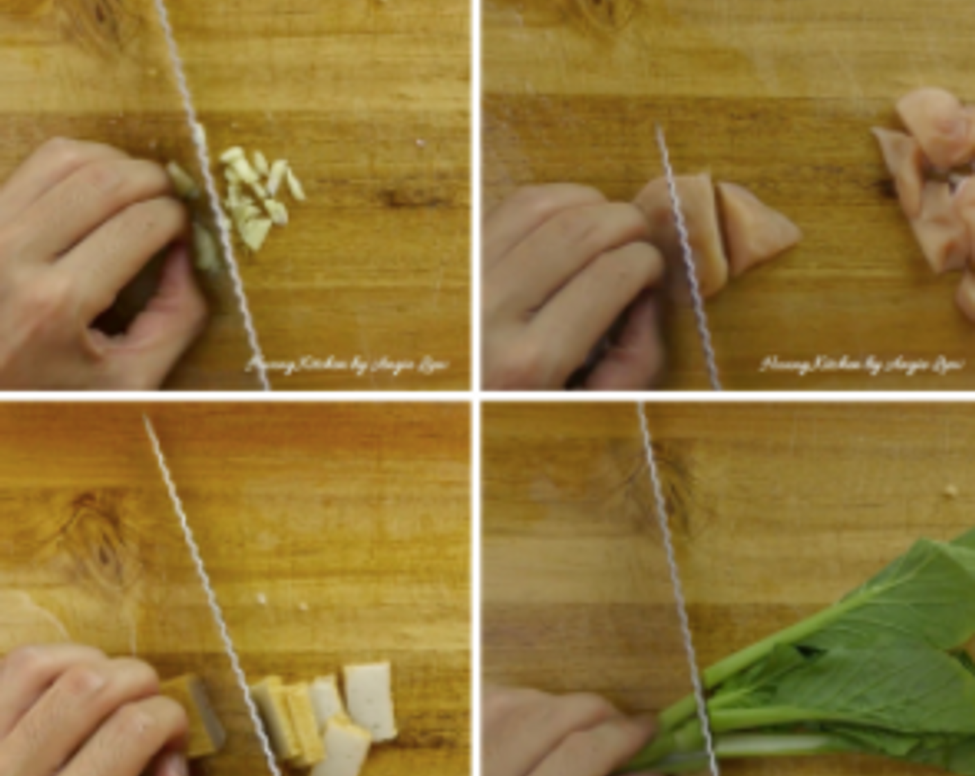 step 2 Then chop Garlic (2 cloves), Chicken (10 pieces), and Fish Cake (10 slices) into thin slices. Next, cut Bok Choy (2 stalks), and we're ready to fry the noodles.