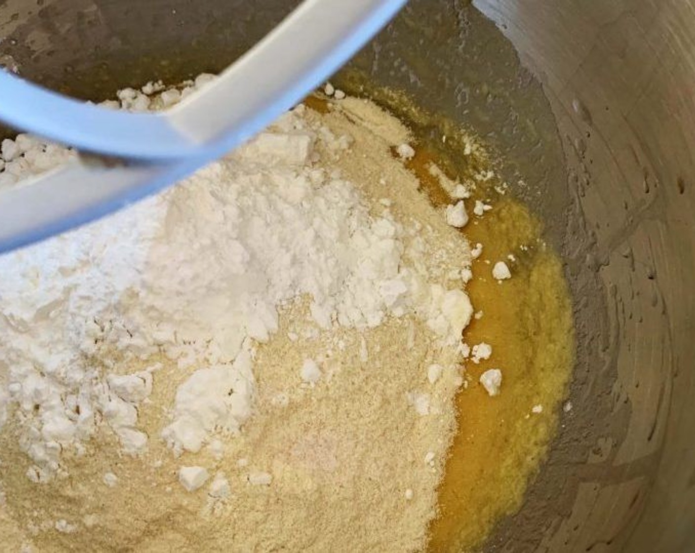 step 3 Sift in the Kamut Flour (1 1/2 cups), Cake Flour (1 1/2 cups), Salt (1 pinch), and Cane Sugar (1/3 cup).