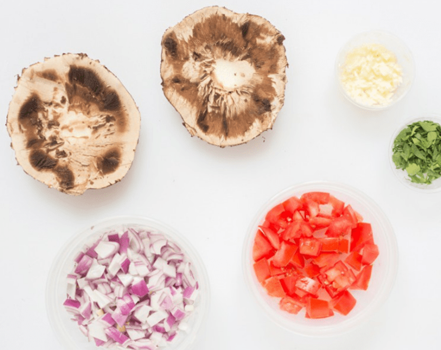 step 2 Prepare your mise en place: Remove Portobello Mushrooms (to taste) stems and gills. Remove Roma Tomatoes (to taste) stem, and cut into 1/2-inch pieces.