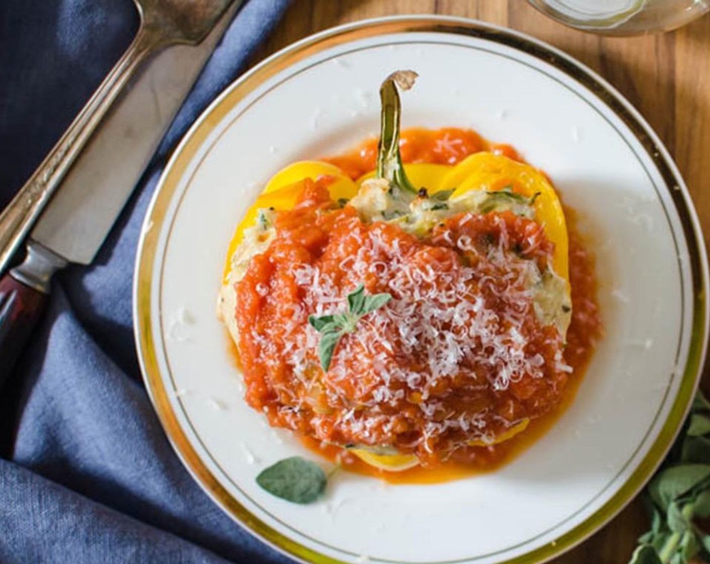 step 9 Place the peppers in the dish and spoon marinara on top of each pepper. Top with a sprinkle of Mozzarella Cheese (to taste) and Parmesan Cheese (to taste) and heat under the broiler for 3-5 minutes until lightly browned and bubbly. Serve and enjoy!