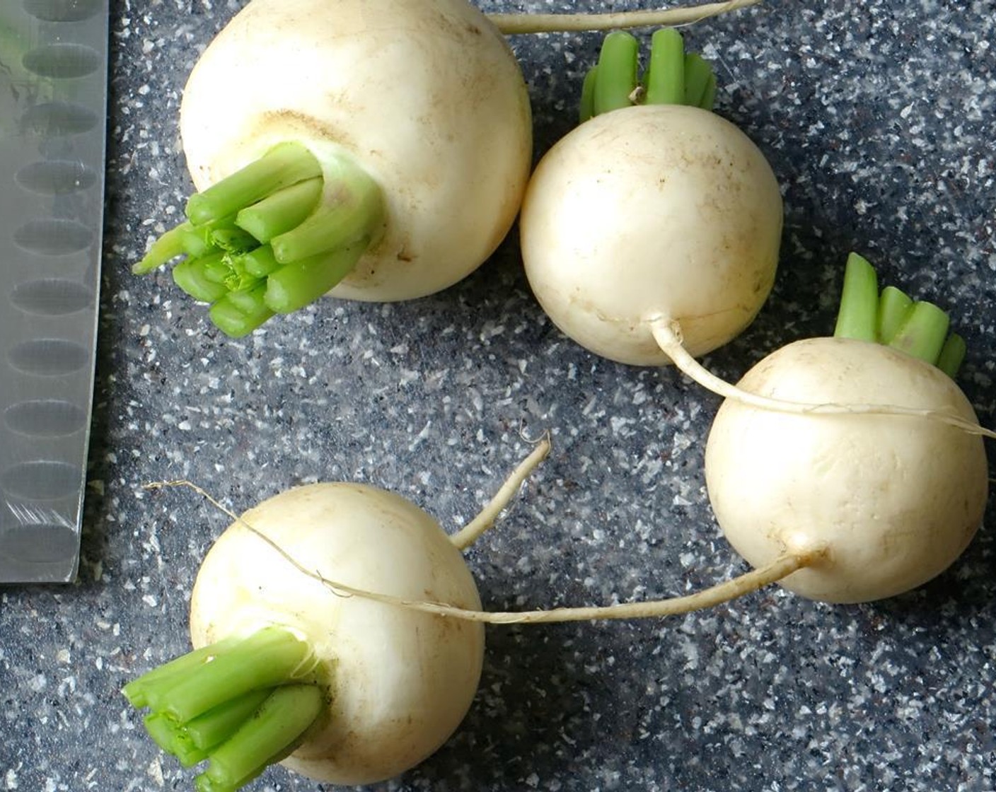 step 1 Thinly slice the Shallot (1) and set aside. Trim leaves and most of the stems from the Turnips (1 3/4 cups). Save the greens.