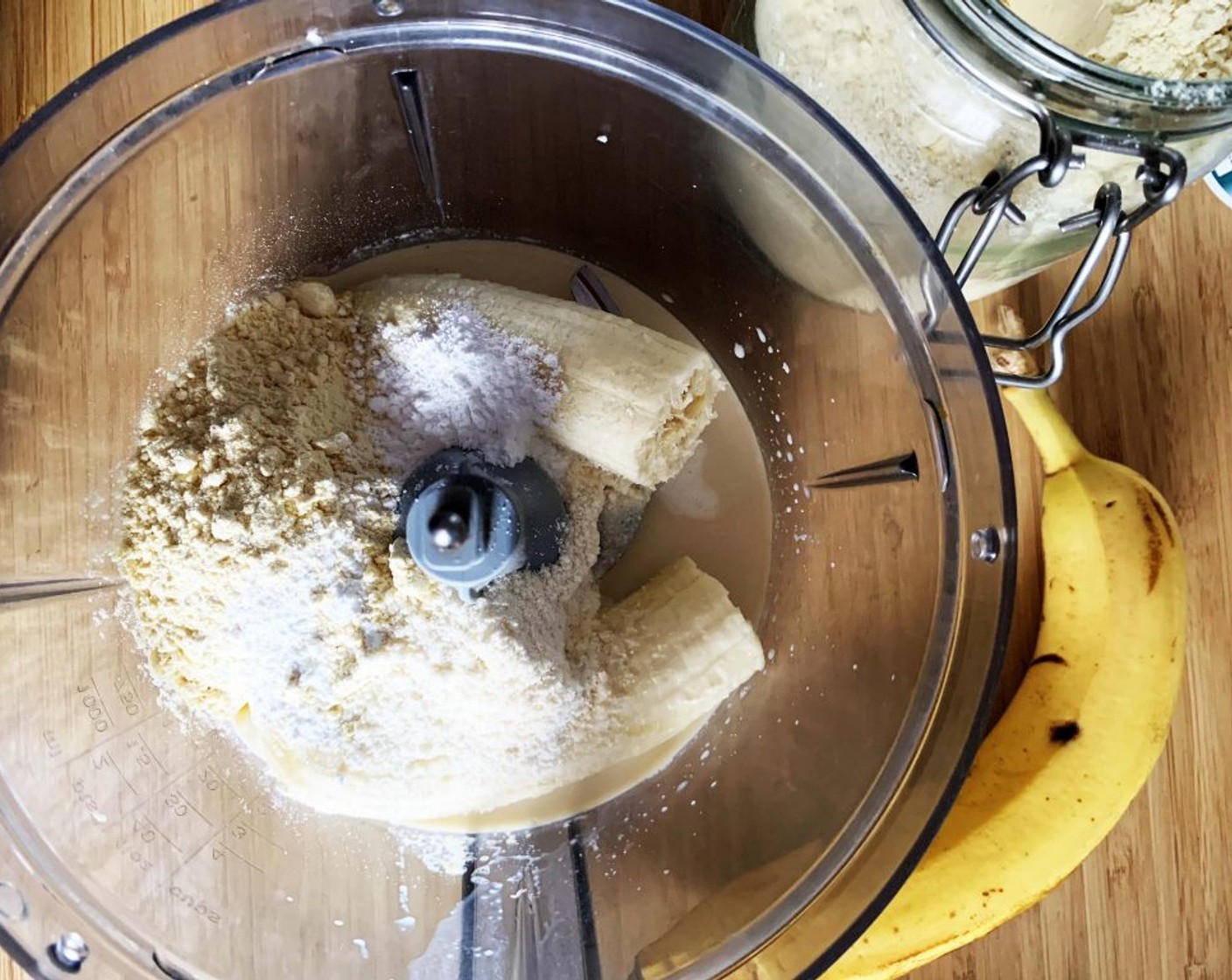 step 2 In a blender process Bananas (2 cups), Almond Milk (6.5 oz), Chickpea Flour (1 cup), Coconut Flour (1/4 cup), Salt (1 pinch), Baking Powder (1 Tbsp), and Xanthan Gum (1/2 tsp).