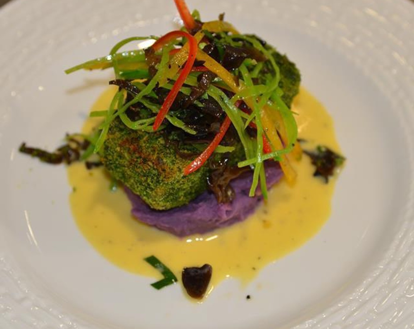 Basil Crusted Salmon with Purple Potato Puree